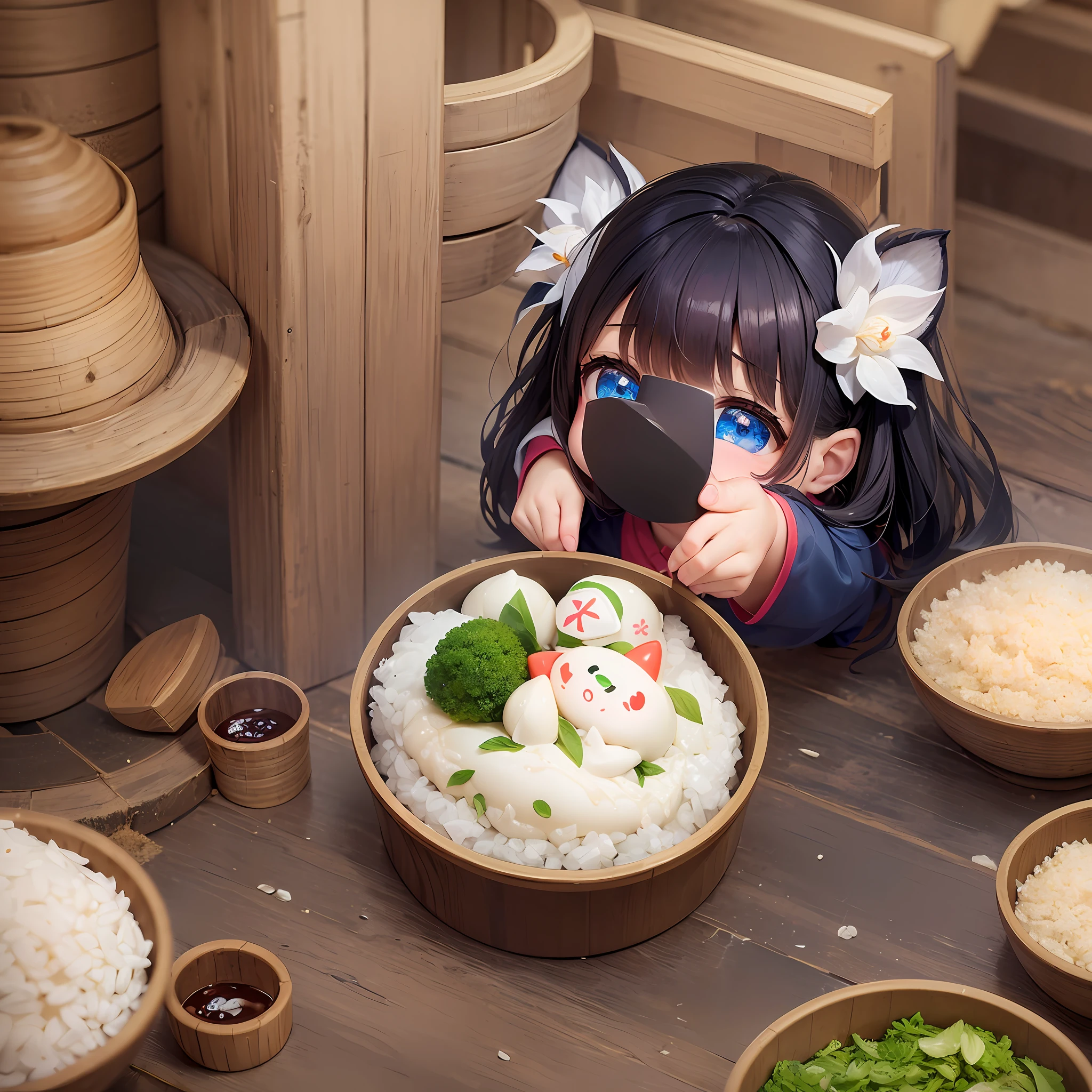 a little girl on a rice dumpling,dragon boat festival,close-up,little adorable triangle rice dumpling graphics,ilm photography,highly detailed,best quality,ultra-fine painting,vivid colors,depth of field,8K --ar 3:4 --niji 5 --auto --s2