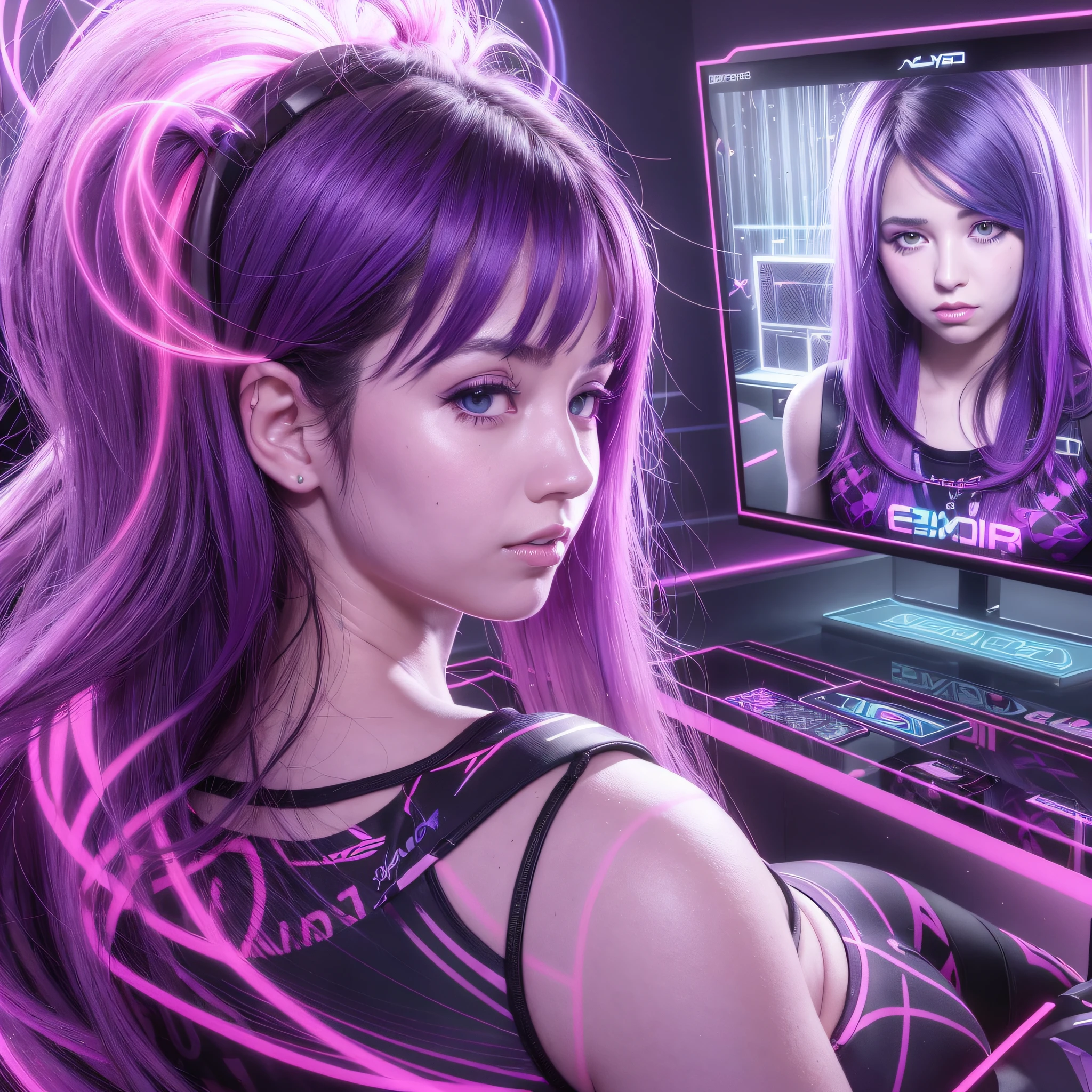 (realistic portrait of a gamer girl) neon purple and black effect in high contrast, playing video games excitedly in a bright virtual bedroom suite, the texture of the controller depicts the feeling of real touch, the brightness of the blue and red lights is reflected in your eyes, video game screen. --auto --s2