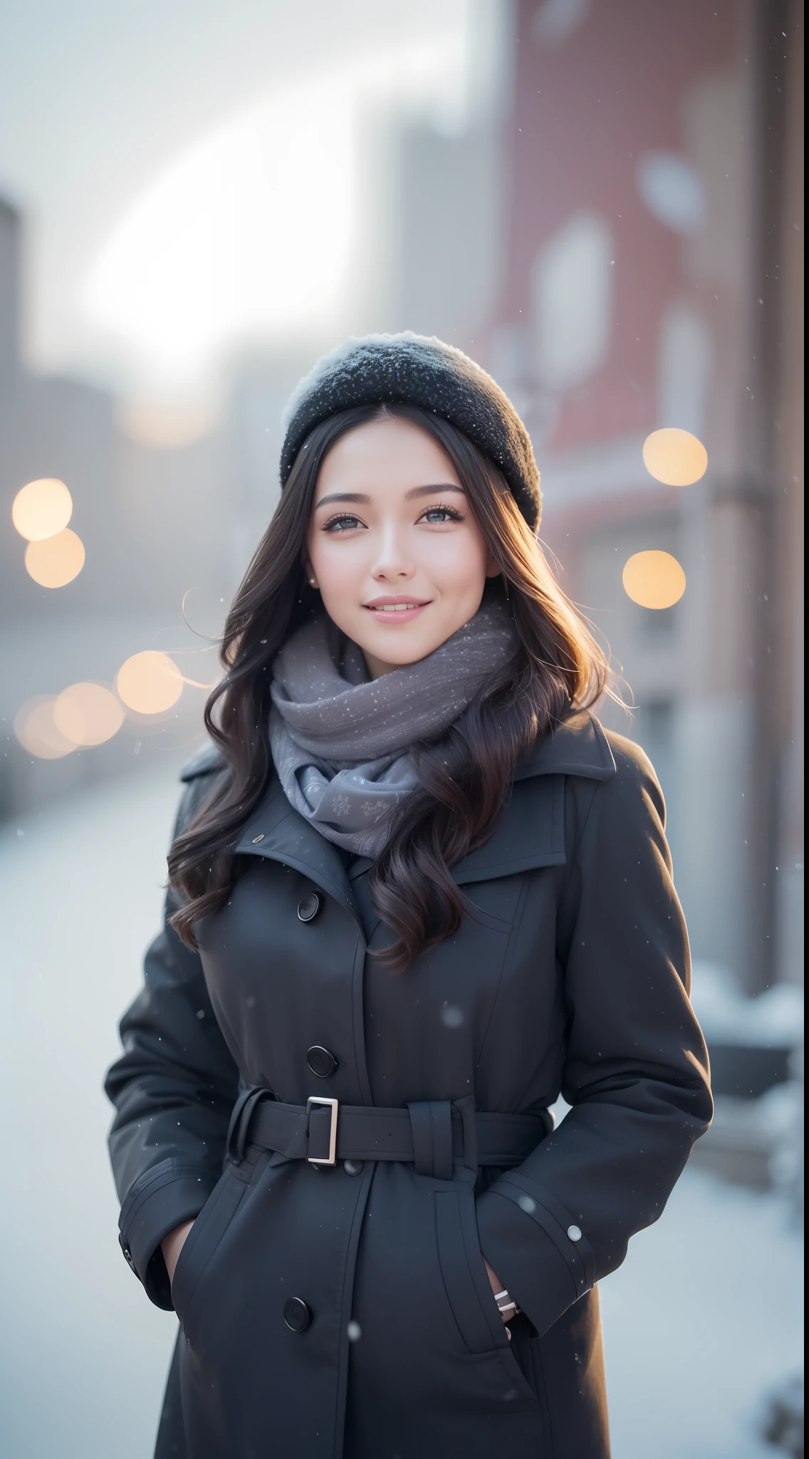 snowing sexy smiling, (realistic photo: 1.4), (hyper realistic: 1.4), (realistic: 1.3), (softer lighting: 1.05), (increase the quality of cinematic lighting: 0.9), 32K, 1 girl, 20 years, realistic lighting, backlight, light on the face, ray trace, (bright light: 1.2), (increase quality: 1.4), (skin with real texture of better quality: 1.4), smiling, happy, finely detailed eyes, finely detailed face, black hair, finely quality eyes, (joy, flush, smile, happiness), close-up of the smile face, (Increase body line mood: 1.1), (Increase the beauty of skin texture: 1.1) (especially scarf and lingerie), (cool colors), damp, reflections, city background with snow (masterpiece) (perfect proportion)(realistic photo)(best quality) (detailed) photographed on a Canon EOS R5, 50mm lens, F/2.8, HDR, (8k)