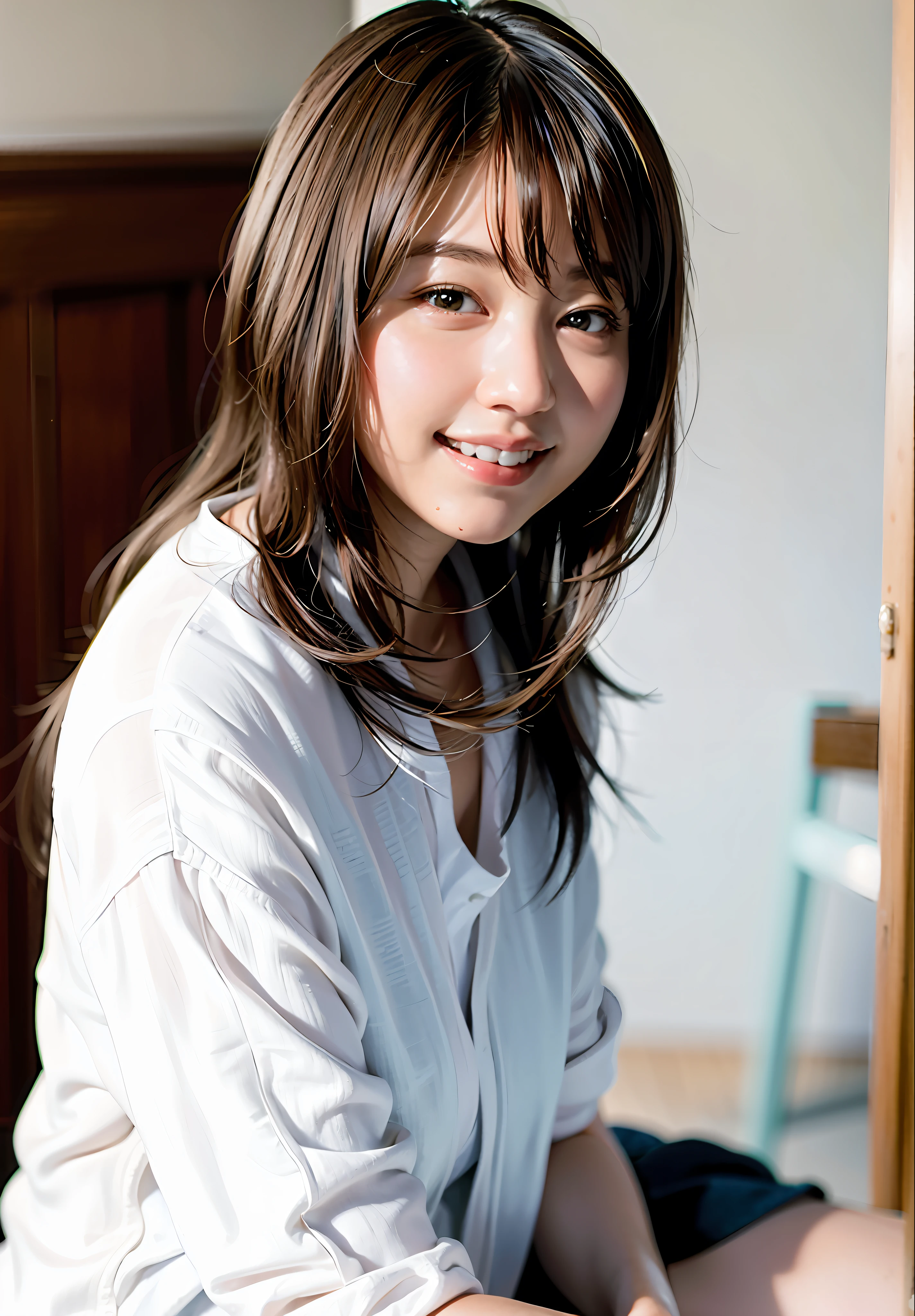 (8k, RAW photo, best quality, masterpiece: 1.2), (realistic: 1.6), (masterpiece), (best quality: 1.0), (highest quality: 1.0), (ultra hi-res: 1.0), detail, 40s, one, detail beautiful skin, detail room, ,realistic skin, middle breast, best quality, ultra high definition, cute, long hair, smile, , white shirt, , sitting on bed,