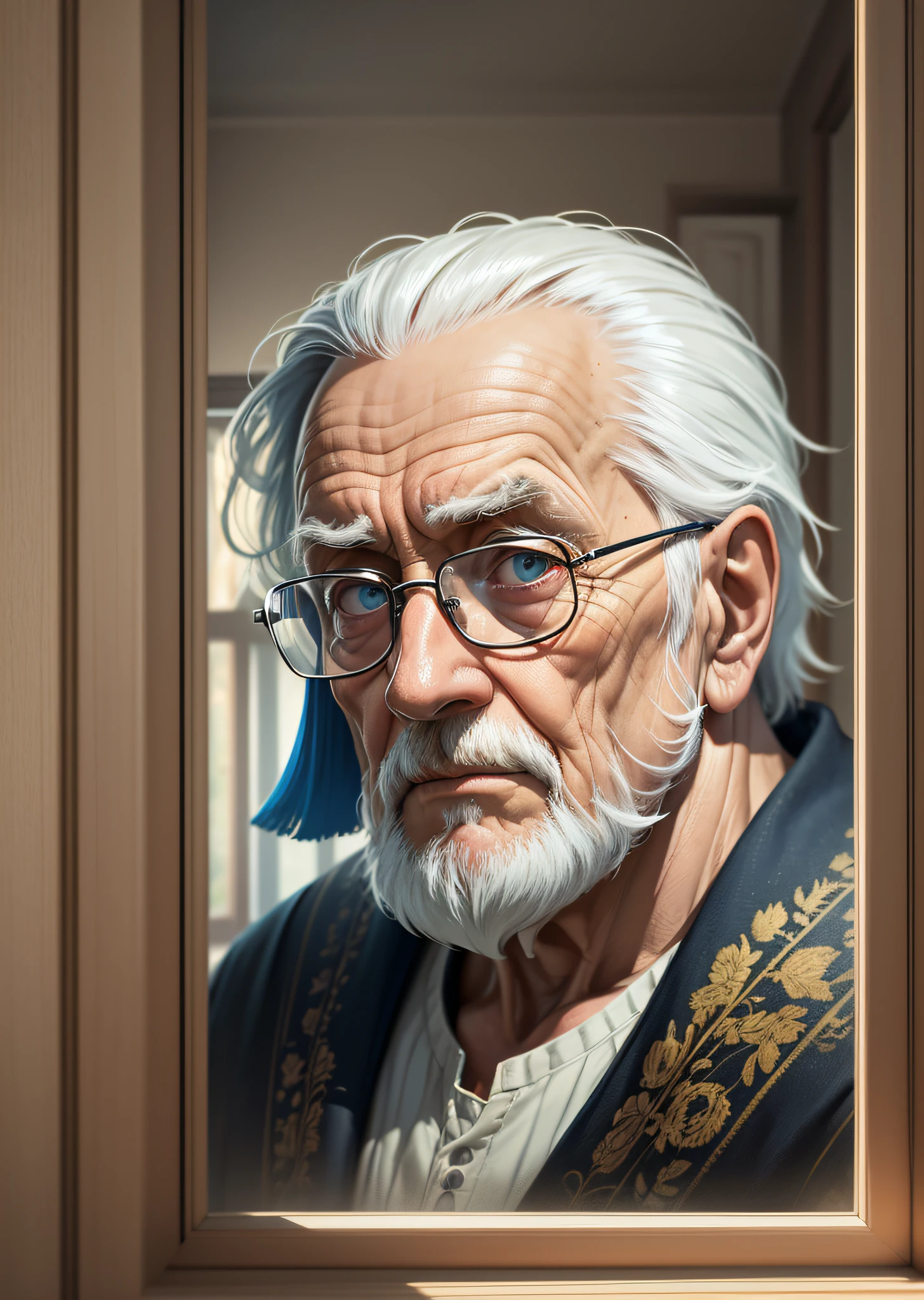 (quick painting)+ portrait of a wise old man thinking,looking at the horizon through a window in the background,part of the morning, wallpaper, UHD, professional,(high contrast: 1.2) (high saturation: 1.2)(inside a house) (20th century style) (8k) , (insanely detailed) --auto --s2