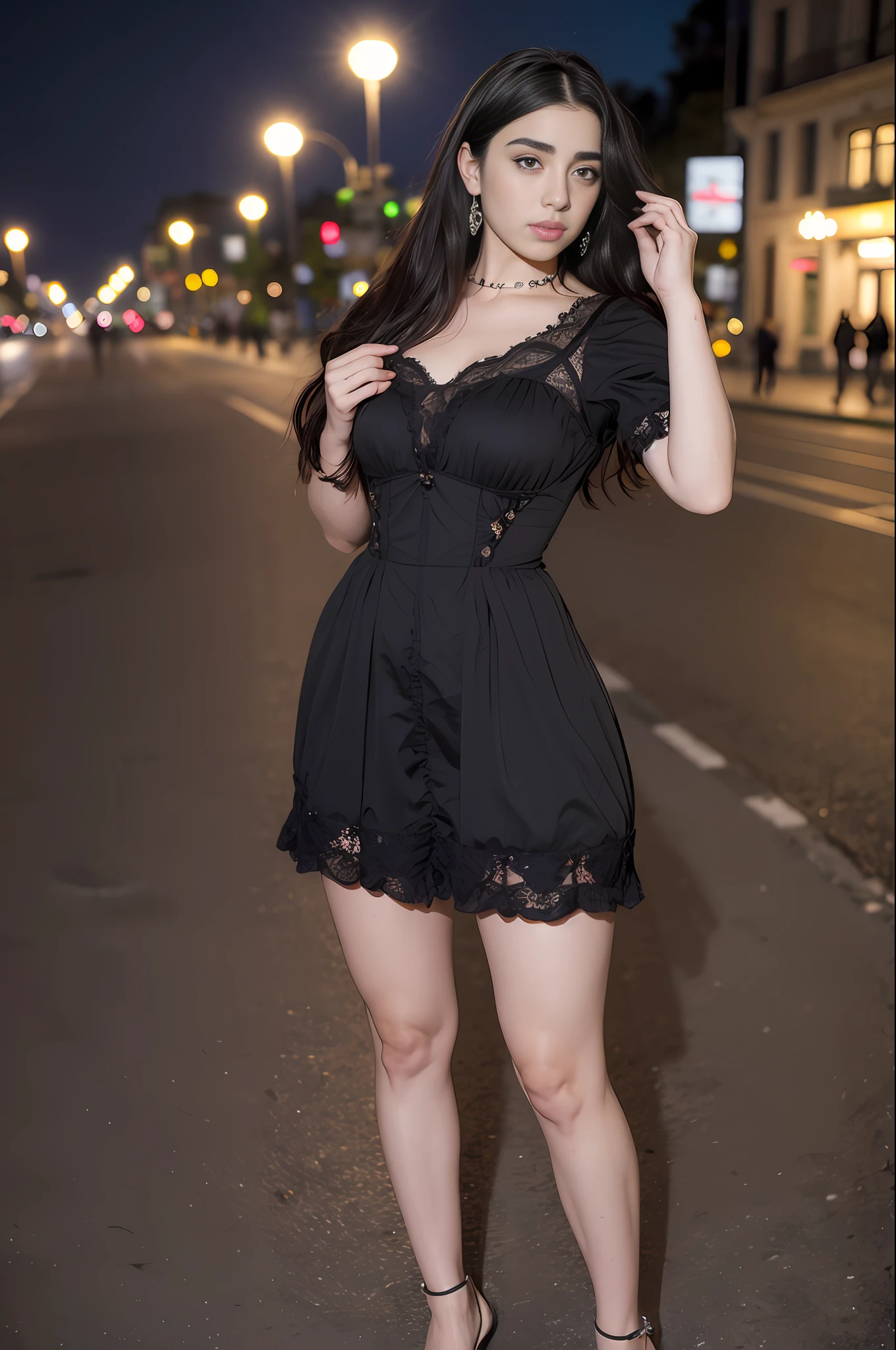 Lauren jauregui ,happy, sensual short Victorian dress, full body photos in the city at night
