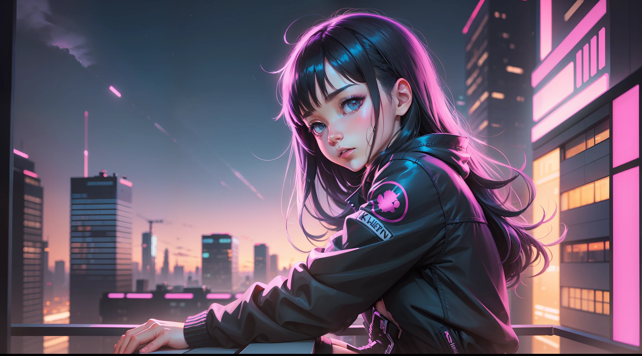 Anime girl sitting on the windowsill looking at the city at night, landscape of ilya kuvshinov, digital art ilya kuvshinov, inspired by Alena Aenami, by Alena Aenami, art of alena aenami, cyberpunk vibes, RGB colors and vibrations, neon city in the background, artistic. Alena Aenami, Ilya Kuvshinov.