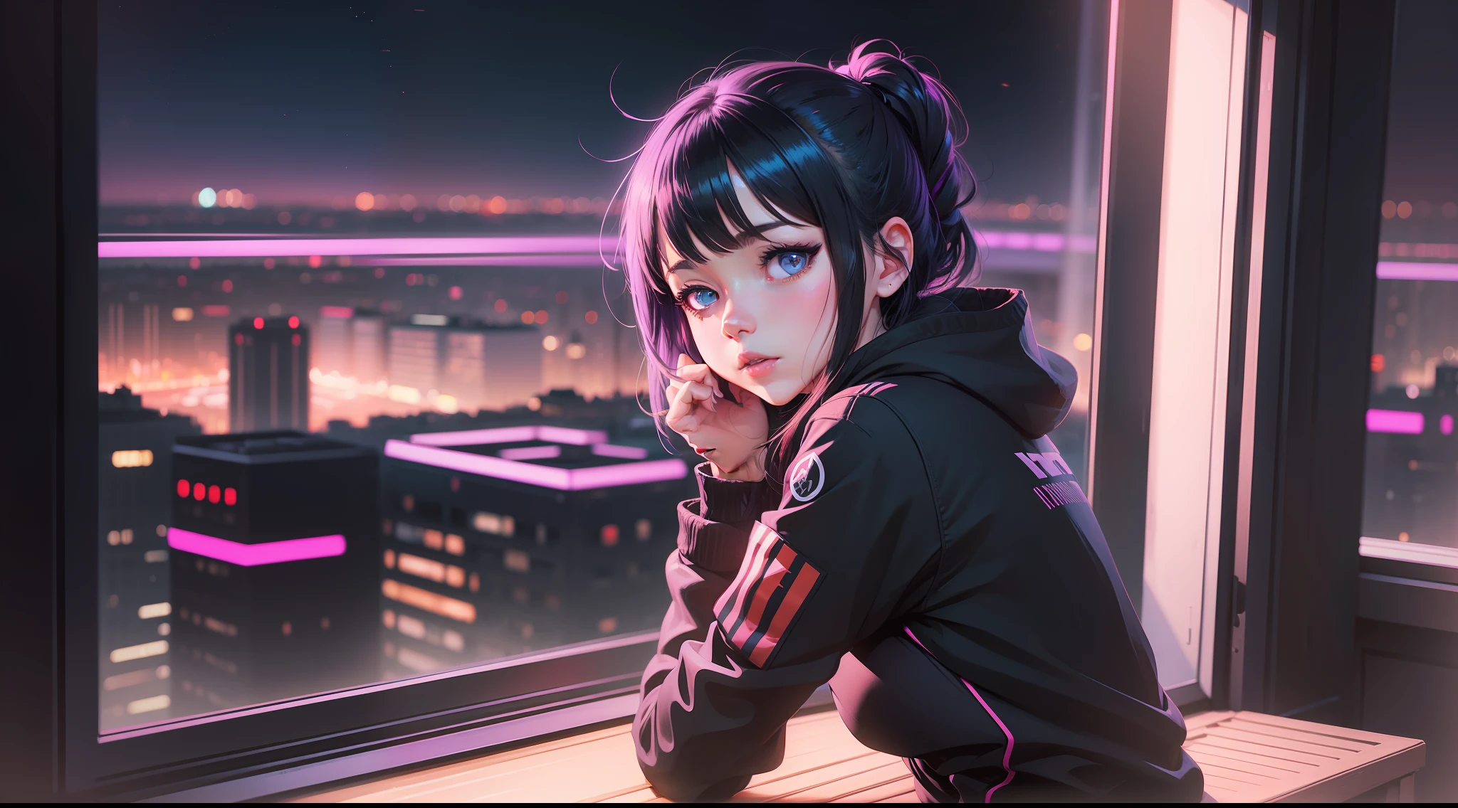 Anime girl sitting on the windowsill looking at the city at night, landscape of ilya kuvshinov, digital art ilya kuvshinov, inspired by Alena Aenami, by Alena Aenami, art of alena aenami, cyberpunk vibes, RGB colors and vibrations, neon city in the background, artistic. Alena Aenami, Ilya Kuvshinov.
