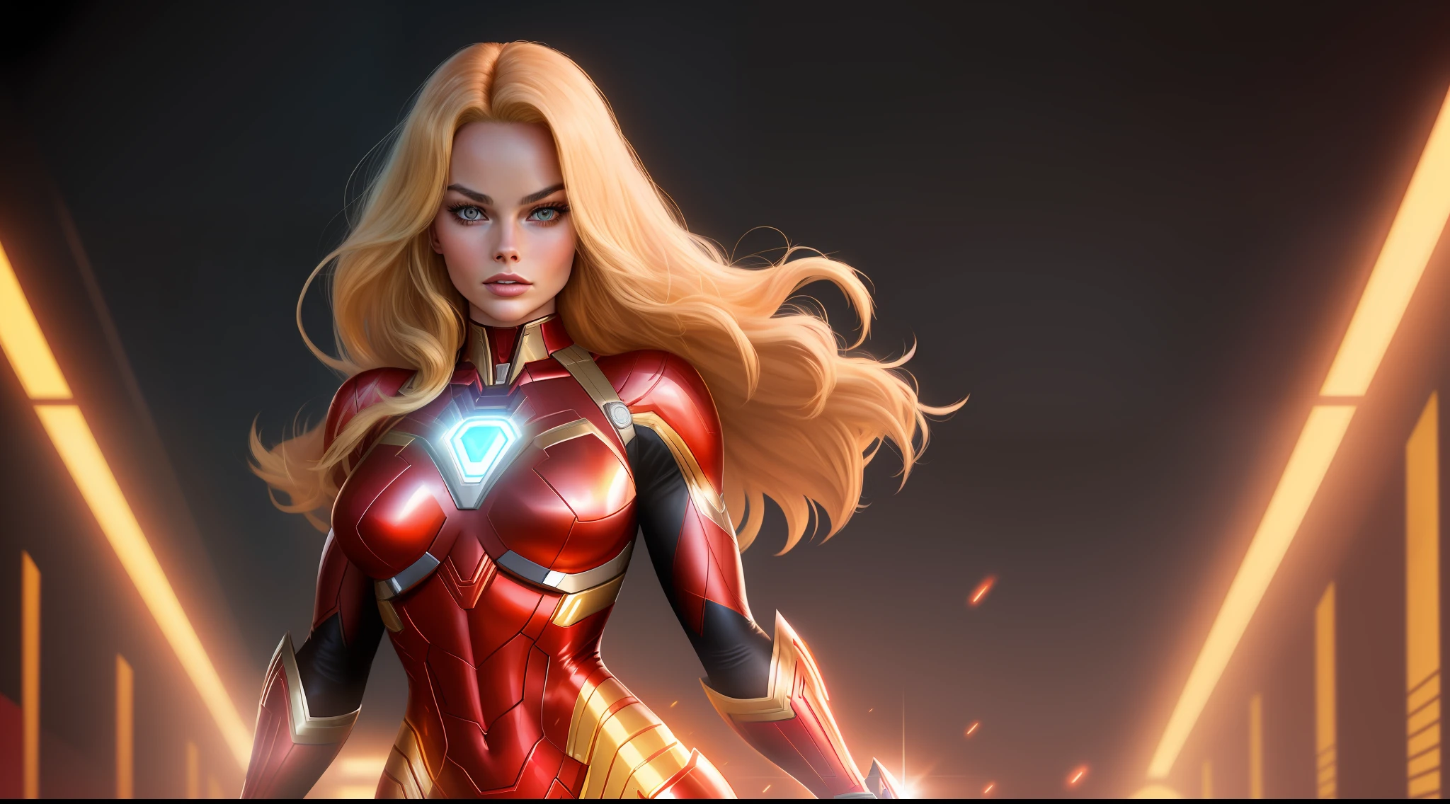 full-body potrait of a beautiful photorealistic woman. Margot Robbie as iron woman. super realistic costume, medium length blonde hair. Fringe. Slim body. Toned arms. Huge bust. Black choker on the neck. Like Iron Woman, 1 Girl, Solo, No Duplications, Perfect Anatomy