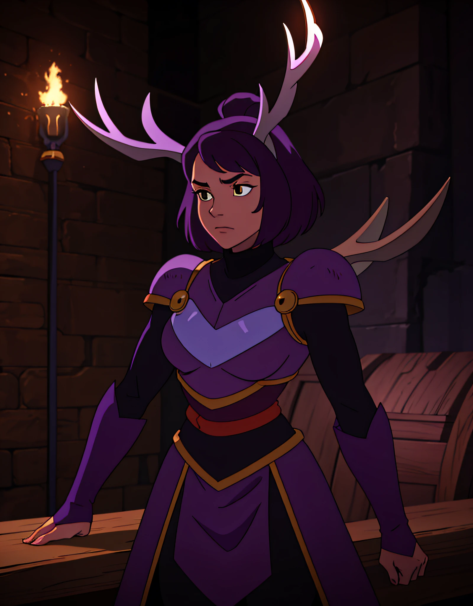 Knight Jackalope, short purple hair, jackalope antlers, dark armor(masterpiece, best quality)