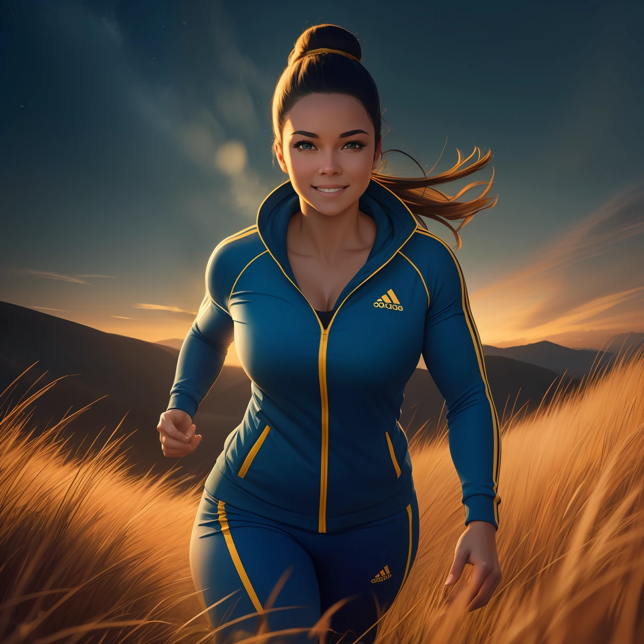 the woman runs at the top of the hill, in a tracksuit, taken from behind, (voluptuous body build), professional photographer, kodak, dressed, bun, Aheago, rolling eyes, open mouth, full smile, at nightfall, (hdr:1.4), digital painting, (cinematic lighting:1.2), masterpiece, ultra-realistic 8k, perfect artwork, intrincate details, cute face, lights, colorful, award winning photograph, golden hour, in tall long field