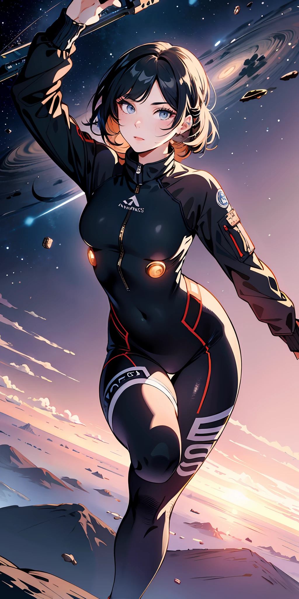 Absurd resolution, high resolution, (masterpiece:1.4), ultra-detailed, 1girl, in spacesuit, seen from above, space, floating, satellite, running pose, wide-angle lens distortion, colored hair