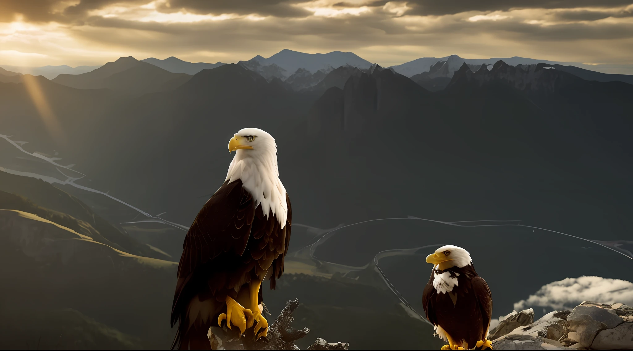 there are two birds perched on a rock with mountains in the background, eagles, birds in the sunlight, inspiring birds eye vista view, by Niko Henrichon, on the top of a mountain, at the top of a mountain, with the beak of an eagle, on top of a mountain, proud look, with great birds, majestic light