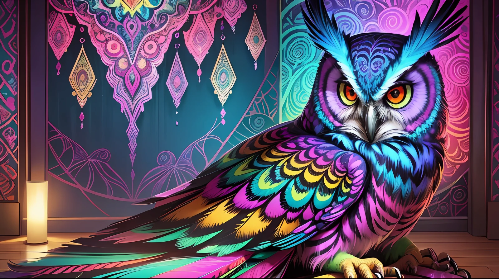Featuring a captivating and vibrant psychedelic owl painting. The art of the owl is exquisitely designed with vivid colors, intricate patterns and mesmerizing details. The painting is leaning against the back of the room, creating a dynamic and casual display. The combination of the psychedelic art of the owl adds a touch of artistic fascination to any space. --auto --s2