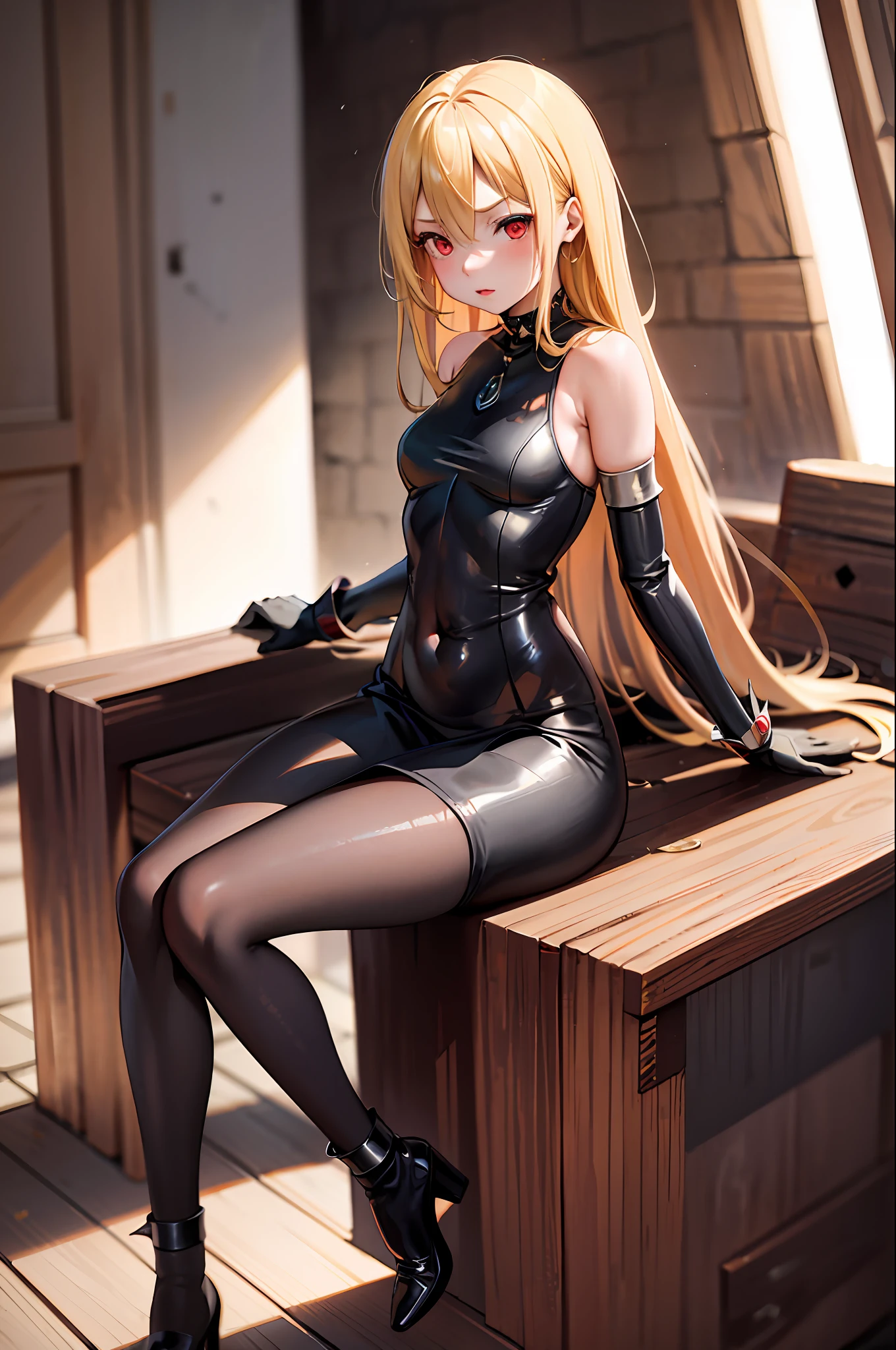 masterpiece, best quality, 1girl, loli, blonde hair, red eyes, medieval, navel, wide hips, bodysuit, bare legs, spread legs, seated, erotica