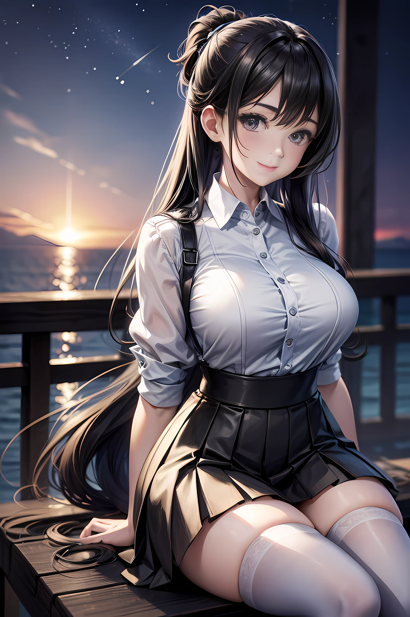 highres, ultra detailed, (1girl:1.3), (dynamic pose):1.0 BREAK, 1 extremely beautiful and glamorous anime girl sitting on the park bench at night, wearing a white collard shirt and a knee-length long pleats skirt, (black stockings), she has black wavy pony-tail hair style, gigantic-breasted, smile, happy, wind, 8 life size, detailed clothes, detailed body, detailed arms, human hands, detailed hands, upper body shot, hip focus, blush, light smile, looking the viewer, facing the viewer, staring the viewer, Lights are lit around the beach and stars are shining in the sky, studio soft light, cinematic light, detailed background, realistic, ultra-realistic, masterpiece, 32k ultra-sharp image,