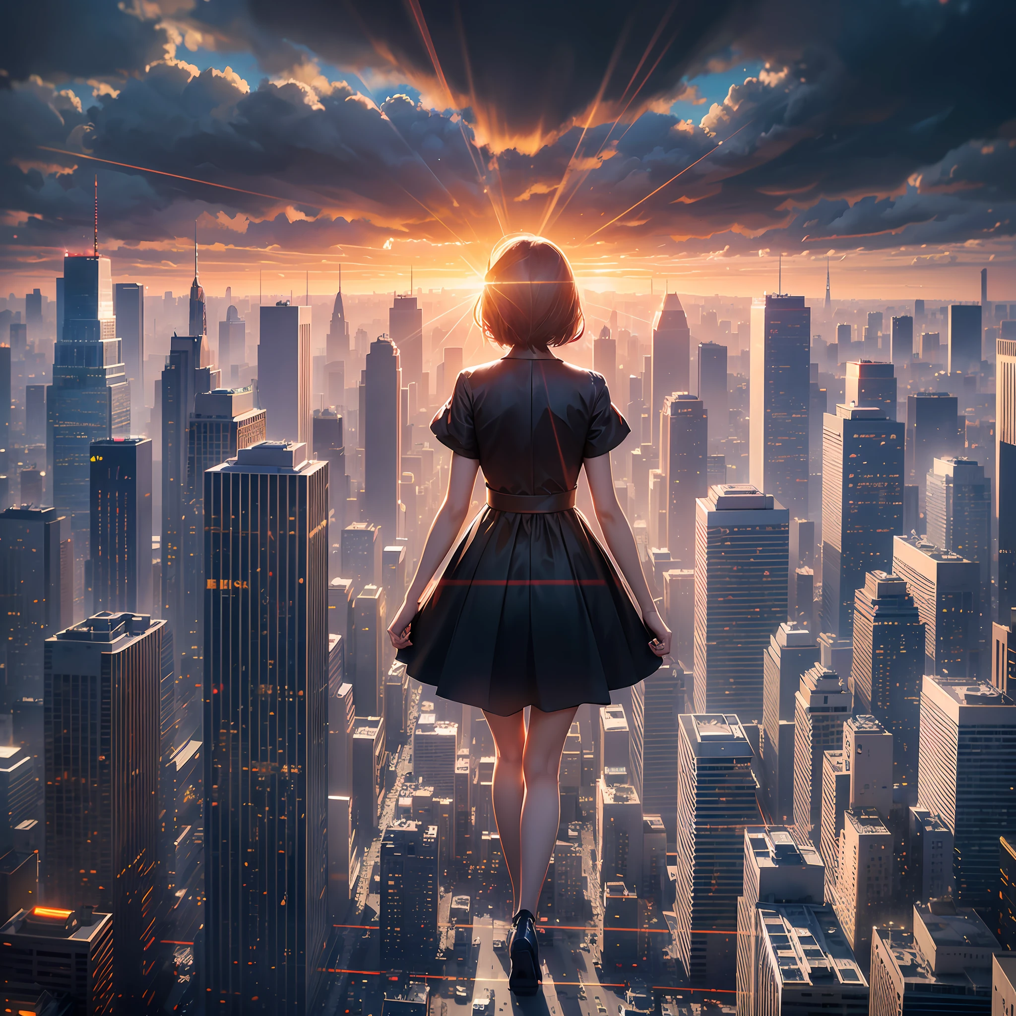 (taylor swift)(orange filter) (black glowing hair), masterpiece , (high detailed), black dress, clouds, sun light, light from above,(mid of the movimented city, cars, traffic, ) (enlightened) --auto --s2