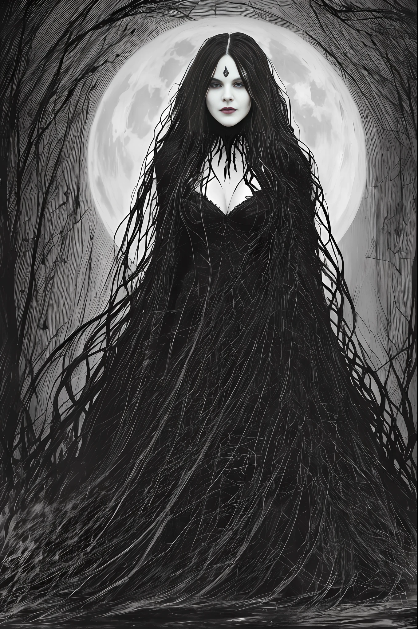 A witch emerging from hell is a frightening and fascinating spectacle. From the dark depths emerges a sinister figure, with long hair as black as night and bright eyes full of malice. Her skin is pale as the moon, contrasting with her dark, tattered robes. She rises with an otherworldly elegance, her presence exuding power and black magic.