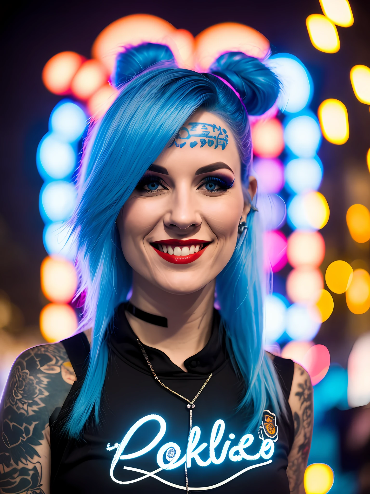 Pokket, shot on DSLR, 8K, detailed face, blue hair, 25-year-old woman, is in the center of a city at night, with neon lights in the bokeh background, wearing black and white rock clothes, black tattoos, smiling