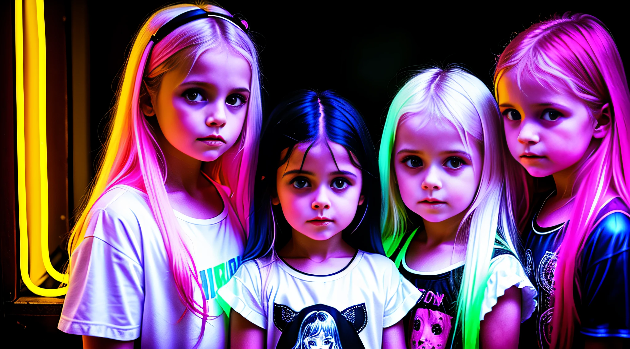 3 girls Russian children with , , PORTRAIT STYLE, with long hair and a white top in a neon light, colorful portrait, like demon, witch queen portrait, made of mayonnaise, queen portrait, neon rain,, promotional image