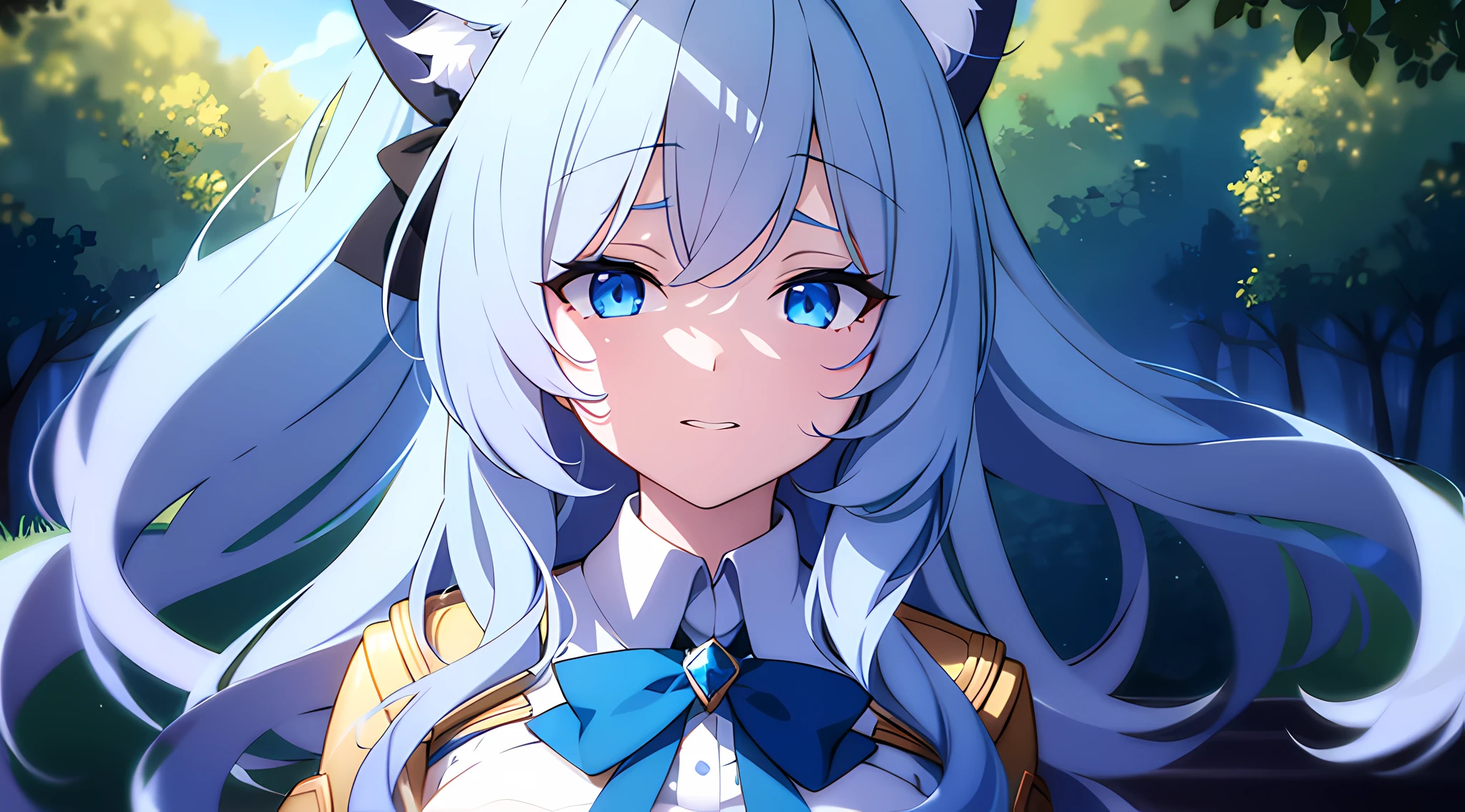 {{{{masterpiece, realistic, extremely detailed, intricate details, soft focus, 8K, highres, depth of field, absurdres, high quality facial shadowing, dynamic shadowing, cinematic lighting, perfect lighting, soft lighting, blurry foreground, lens flare}}}}, best quality, asian qualities, {facing viewer}, {whole body showing} {front view}, {{hands behind back}}, {solo}, beautiful young girl, {{{extremely detailed girl, perfect anatomy, perfect body}}}, {{{beautiful-detailed luscious hip-length vibrant white hair}}}, {{{luscious multi-layered curly hair}}}, {{{hair splayed out}}}, {detailed cat ears}, {{{beautiful-detailed soft fuzzy cat ears}}} {{beautiful-detailed facial structure}}, {{detailed beautiful face}}, {{sexy face}}, {{cute face}}, slender facial structure {{detailed face:1.33}}, {{beautiful-detailed eyes}}, big eyes, {{{{detailed blue eyes}}}}, {{{{high-detailed glowing blue topaz eyes}}}}, {{{{vibrant eye colors}}}}, {{beautiful-detailed small boobs}}, {{breast apart}}, {{slim arms}}, {{{{beautiful-detailed fingers}}}}, {{slim waist}}, {{slim legs}}, summer school uniform, {{{beautiful-detailed white loose fluffy winter school jacket}}}, {{{beautiful-detailed dark blue sapphire bow-tie}}}, {{{detailed white plain school shirt}}}, {{{detailed dark blue knitted checkered mini-skirt}}}, {{{beautiful-detailed white knee-high gyaru winter school socks}}}, {{{beautiful-detailed fluffy gyaru boots}}}, {{standing at the bottom of some steps leading up to a fountain surrounded by trees with sun-rays bouncing off your face}}, {{enhanced background}}, {{hedge on both sides of the person}}, {{few wispy clouds overhead in the sky}}