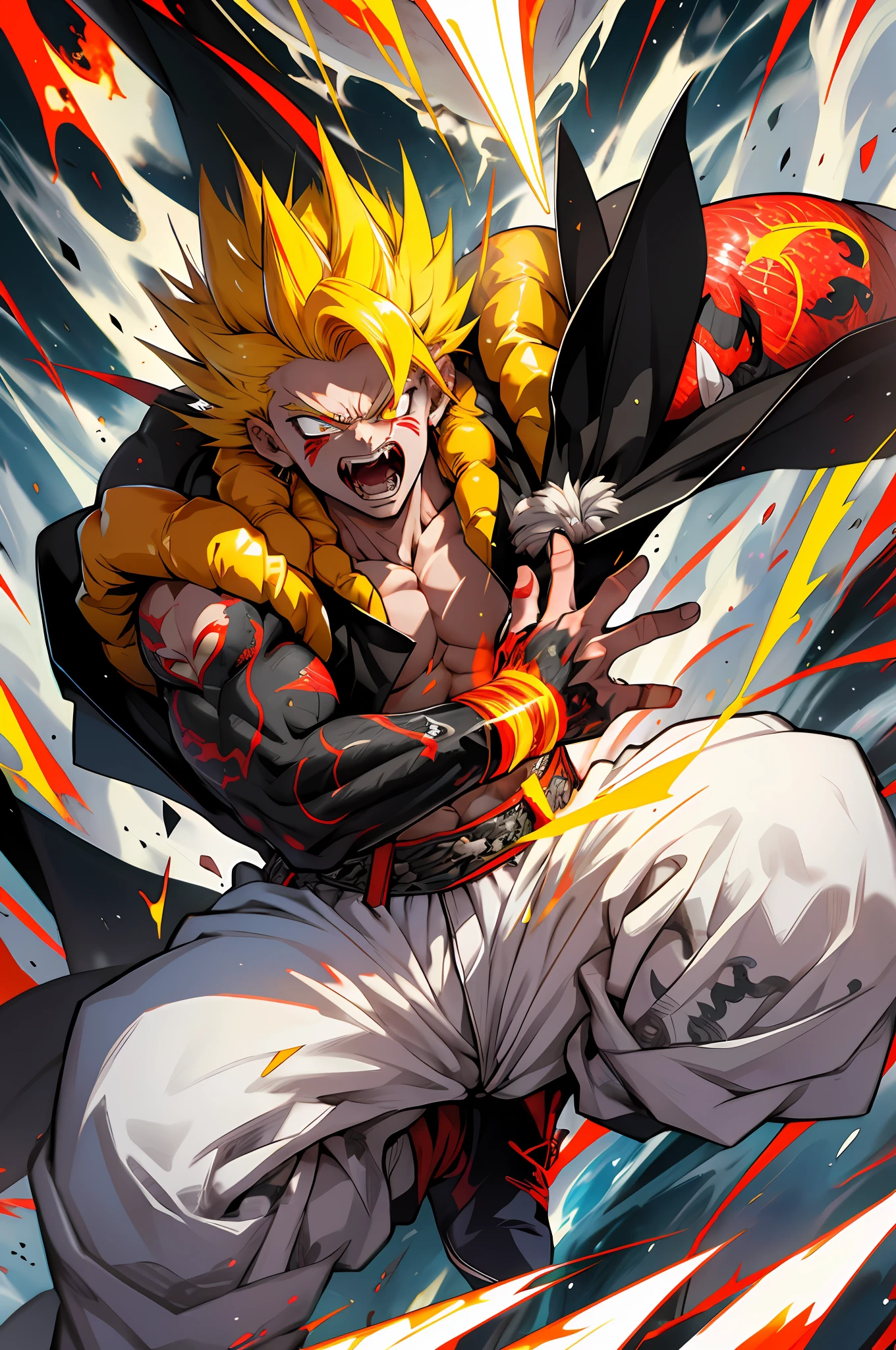 Supersayajin Ultra, diamond yellow colored hair and red eyes with black outlines painted around the eyes, white clothing with dragon tatoon print, open mouth screaming, fighting with great fury against enemy, scenery in heaven and earth destroying everything