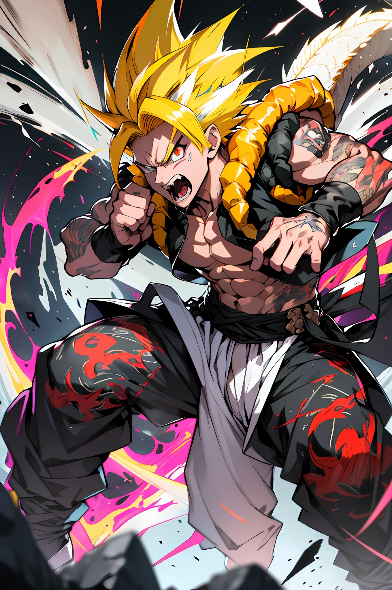 Supersayajin Ultra, diamond yellow colored hair and red eyes with black outlines painted around the eyes, white clothing with dragon tatoon print, open mouth screaming, fighting with great fury against enemy, scenery in heaven and earth destroying everything