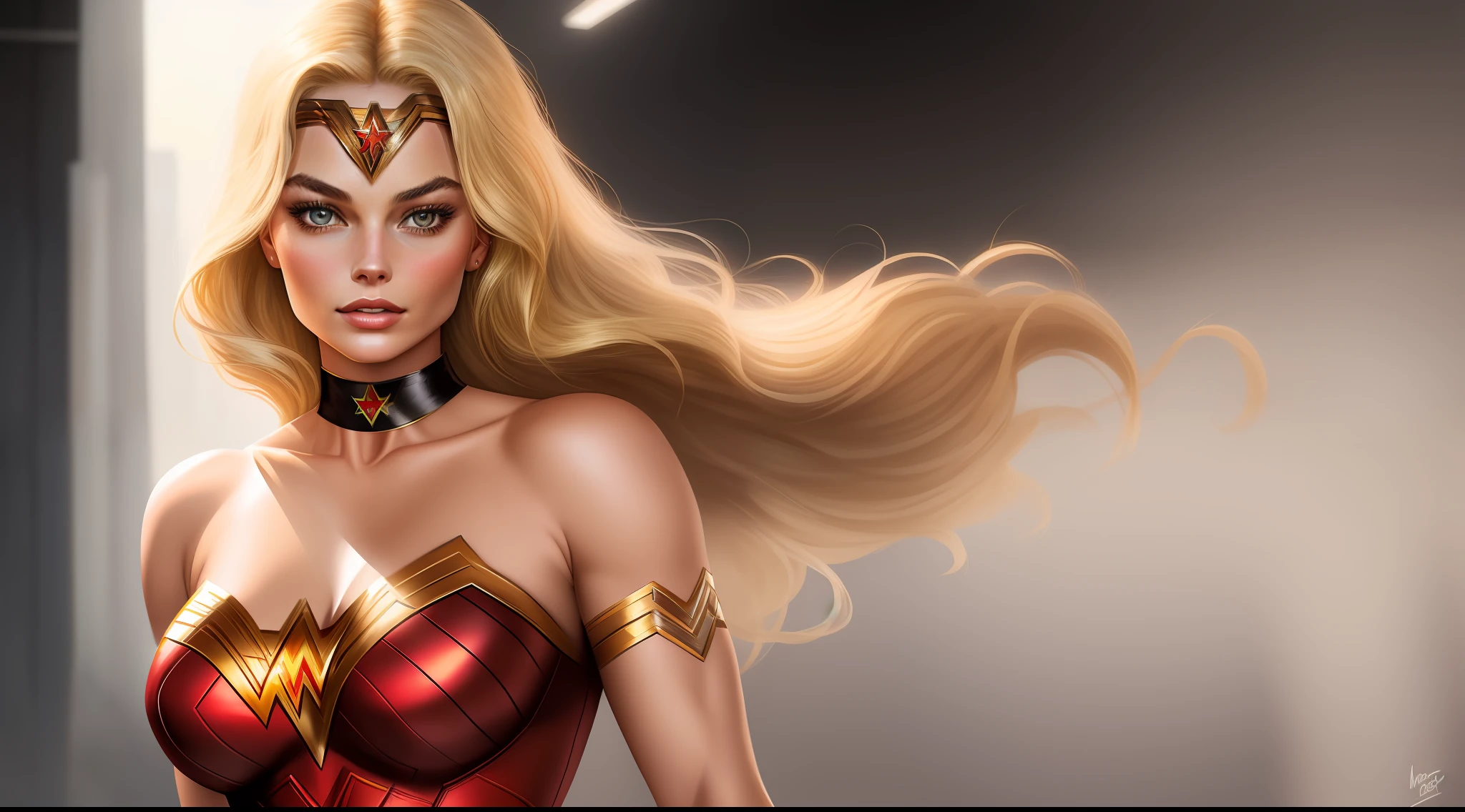 full-body potrait of a beautiful photorealistic woman. Margot Robbie as wonder woman. super realistic costume, medium length blonde hair. Fringe. Slim body. Toned arms. Huge bust. Black choker on the neck. Like A Wonder Woman, 1 Girl, Solo, No Duplications, Perfect Anatomy