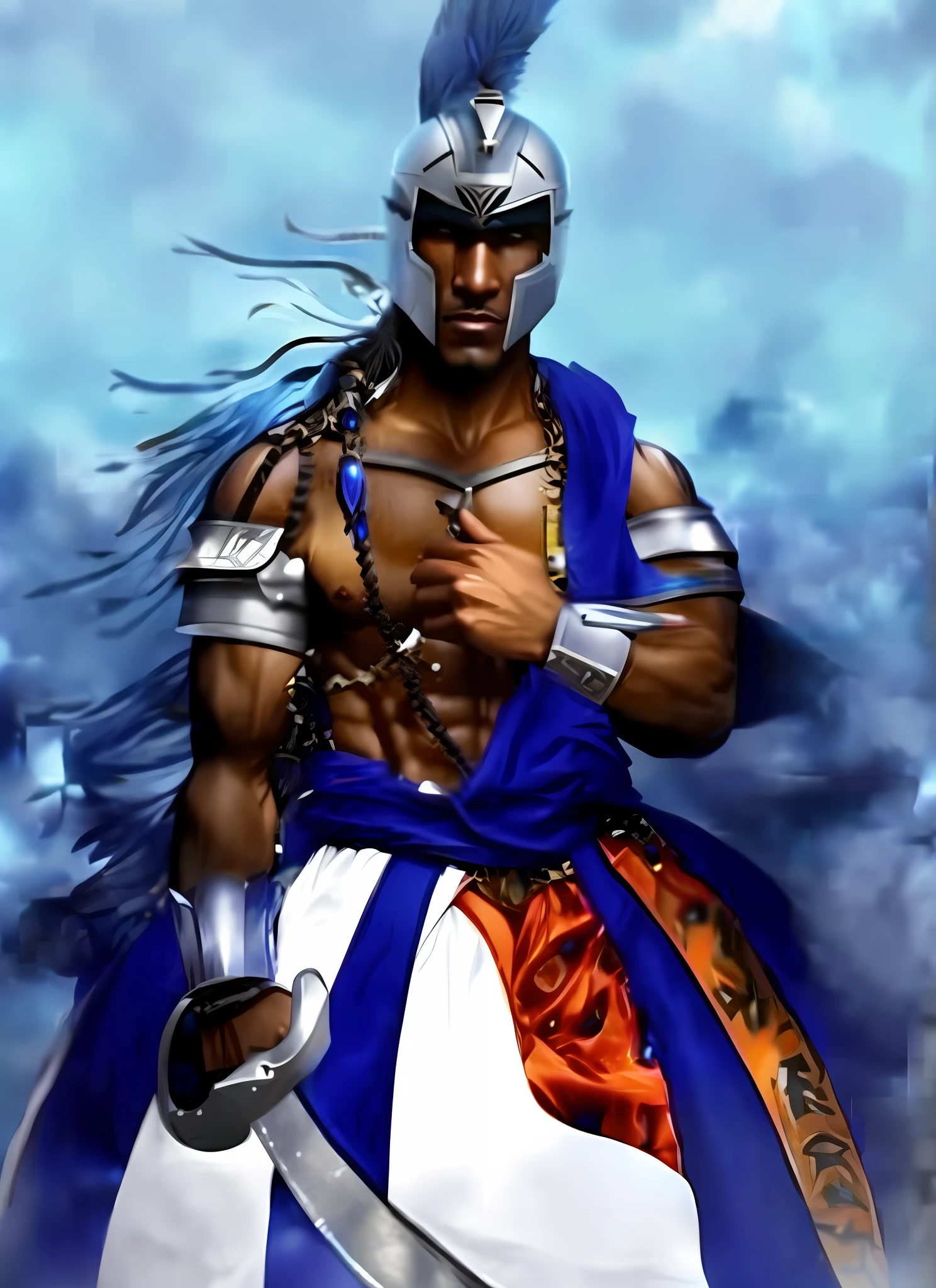a close up of a man in armor holding a sword, azctec warrior, picture of an adult male warrior, djinn human hybrid, powerful warrior, african cyberpunk wizards, djinn man male demon, spirit warrior, blue djinn, warrior man, the blue panther, storm egyptian god, male djinn man demon hybrid, aztec yaotl warrior