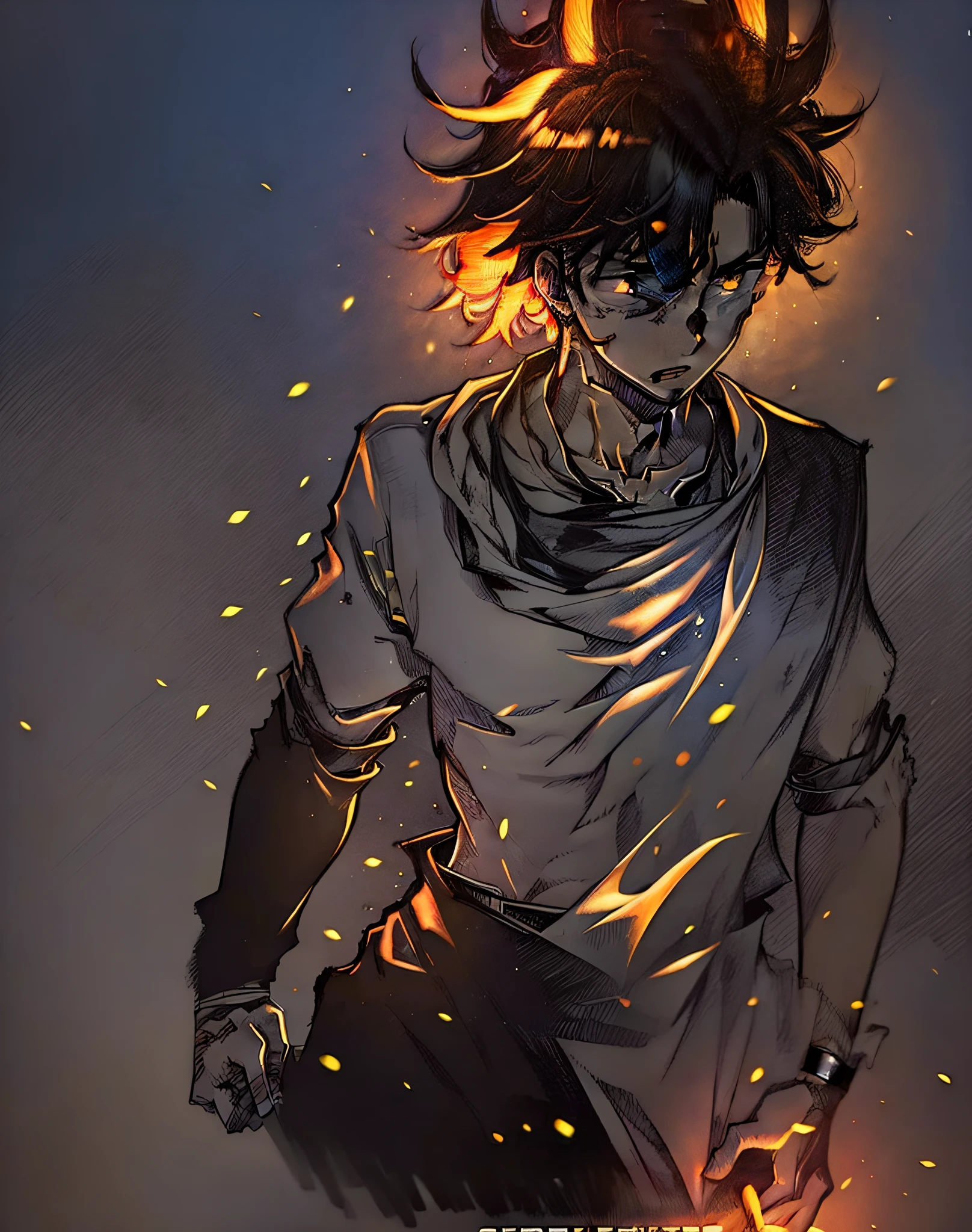 (best quality, masterpiece), create a male character in a dark scene in which only his bright eyes and his silhouette are visible, adding emphasis and detail to the silhouette.