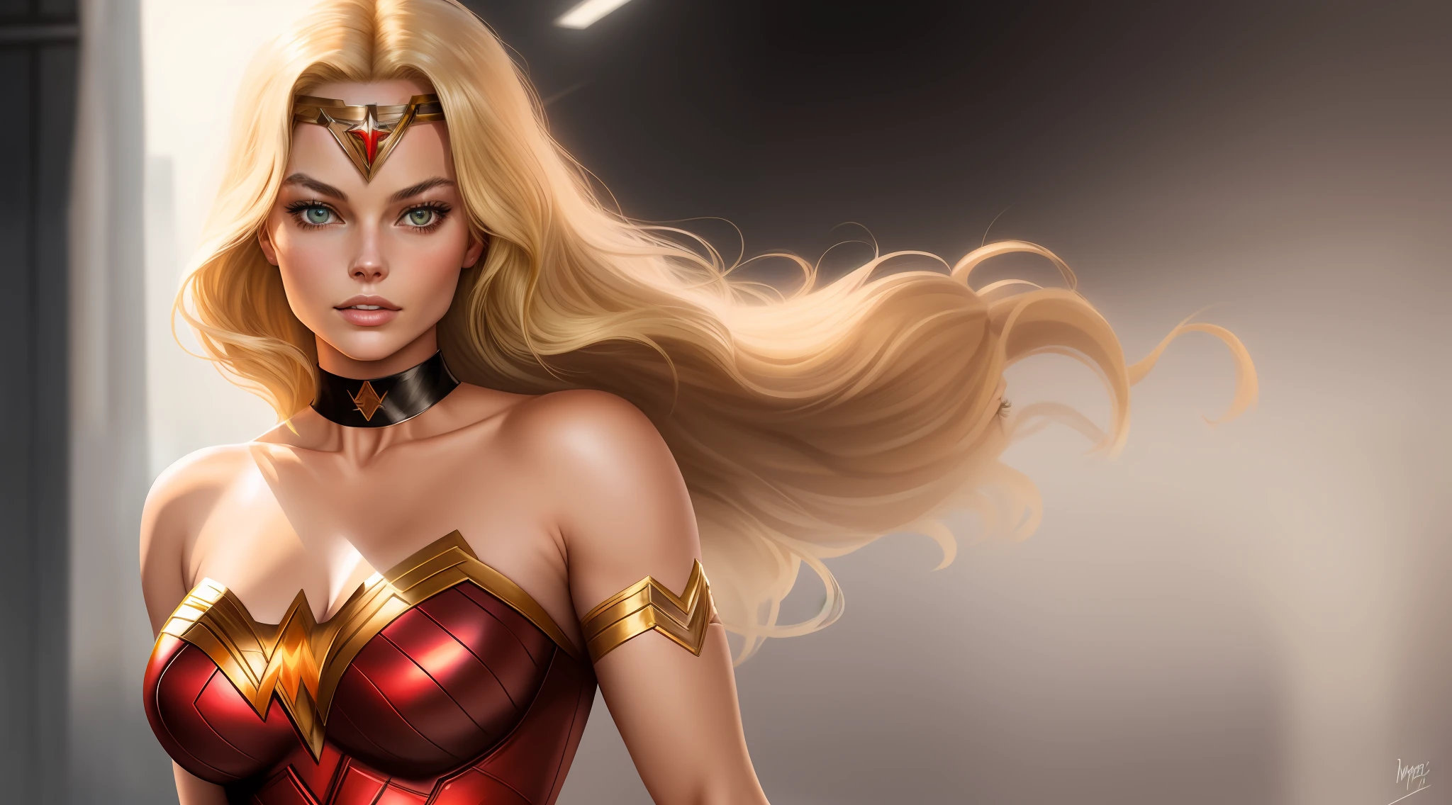 full-body potrait of a beautiful photorealistic woman. Margot Robbie as makima from the anime chainsaw man. super realistic costume, medium length blonde hair. Fringe. Slim body. Toned arms. Huge bust. Black choker on the neck. like Makima, 1 girl, solo, no duplications, perfect anatomy