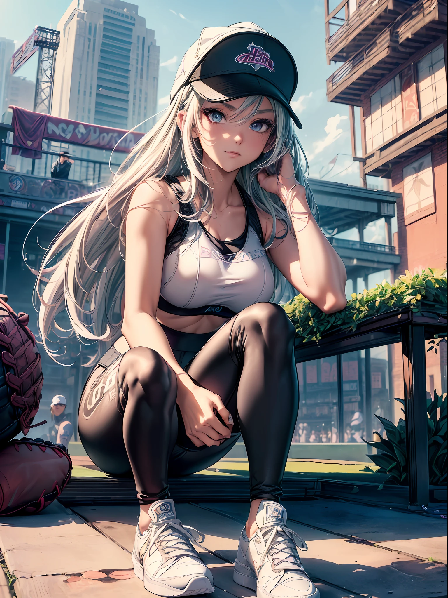 ((Best quality)), ((masterpiece)), ((highly intricate details)),beautiful, high quality, highres, absurdres, light difussion, intricate details, complex details, ((anime)), (anime:1.2) , (perfect face:1.3), extreme detailed eyes, colorful, highest detailed, vibrant colors, high contrast, (8K UHD:1.2), (photorealistic:1.2),(masterpiece:1.4), (best quality:1.4),extremely detailed wallpaper, highly detailed illustrations, (1 Girl), (best lighting) , (super-complex details) , 4K unified, (super-detailed CG: 1.2) , (8K: 1.2),(original), (masterpiece) , (best quality) , (reality: 1.3) , photorealistic, Octane rendering, (surreal: 1.2) , 1girl, (garden wallpaper), red and grey hair,((large_breasts)), (light green hair) , (purple eyes) , beautiful eyes,swirly eyes,((large hair)),(((piercing))),((looking at viewer)),((Extremely tall)), ((((handsome girl)))) ,(( two detailed hands , smiling)), (((wearing (sports_bra:1.2) and (black+ legging:1.2) ,((baseball_cap on head:1.2)) ,((white+ sneakers_shoes:1.2)) ,(medium size cap:1.2), backwards cap, loraeyes