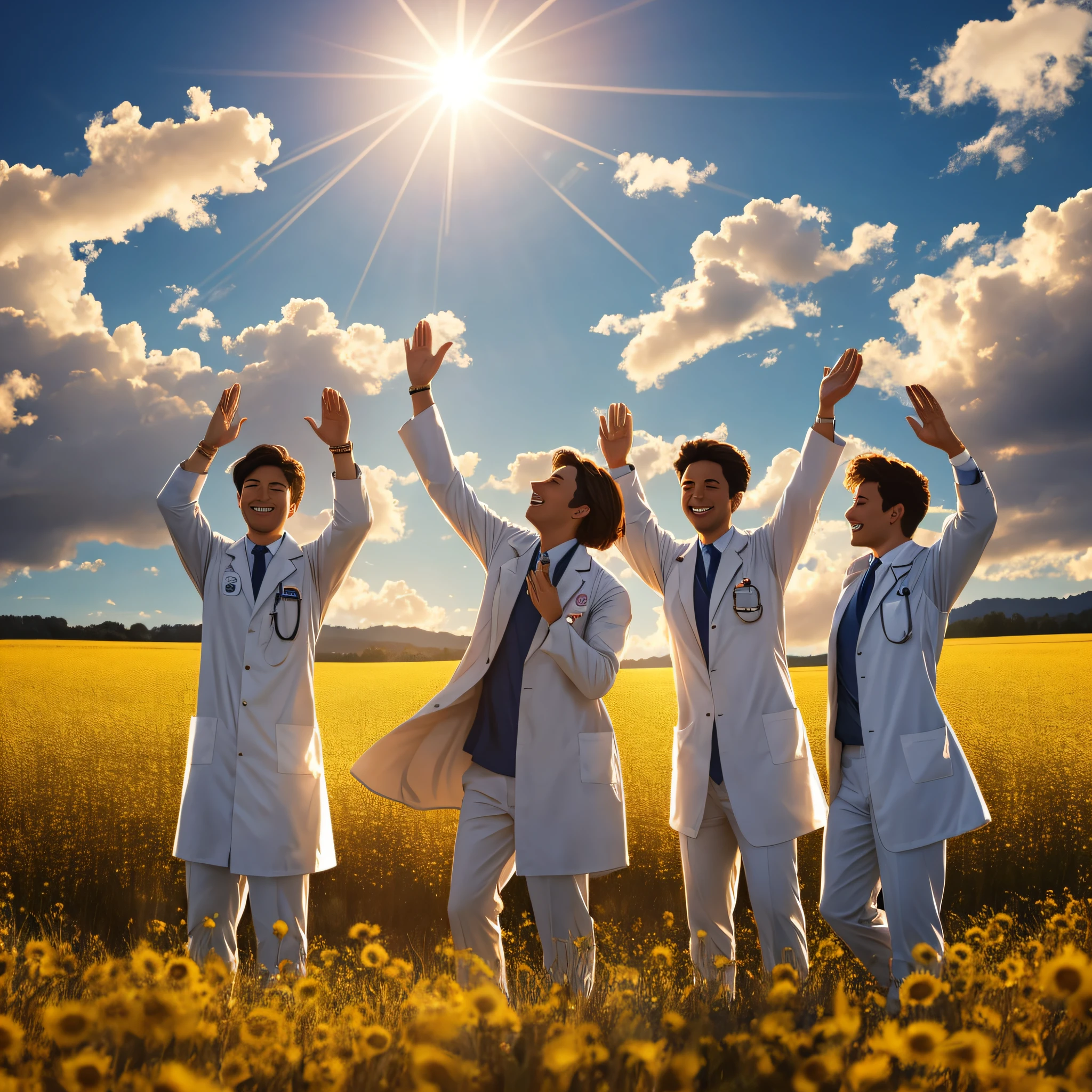 Several doctors in lab coats and very happy in a golden field, some of them hug, some of them are with their hands up, sun in the sky --auto --s2