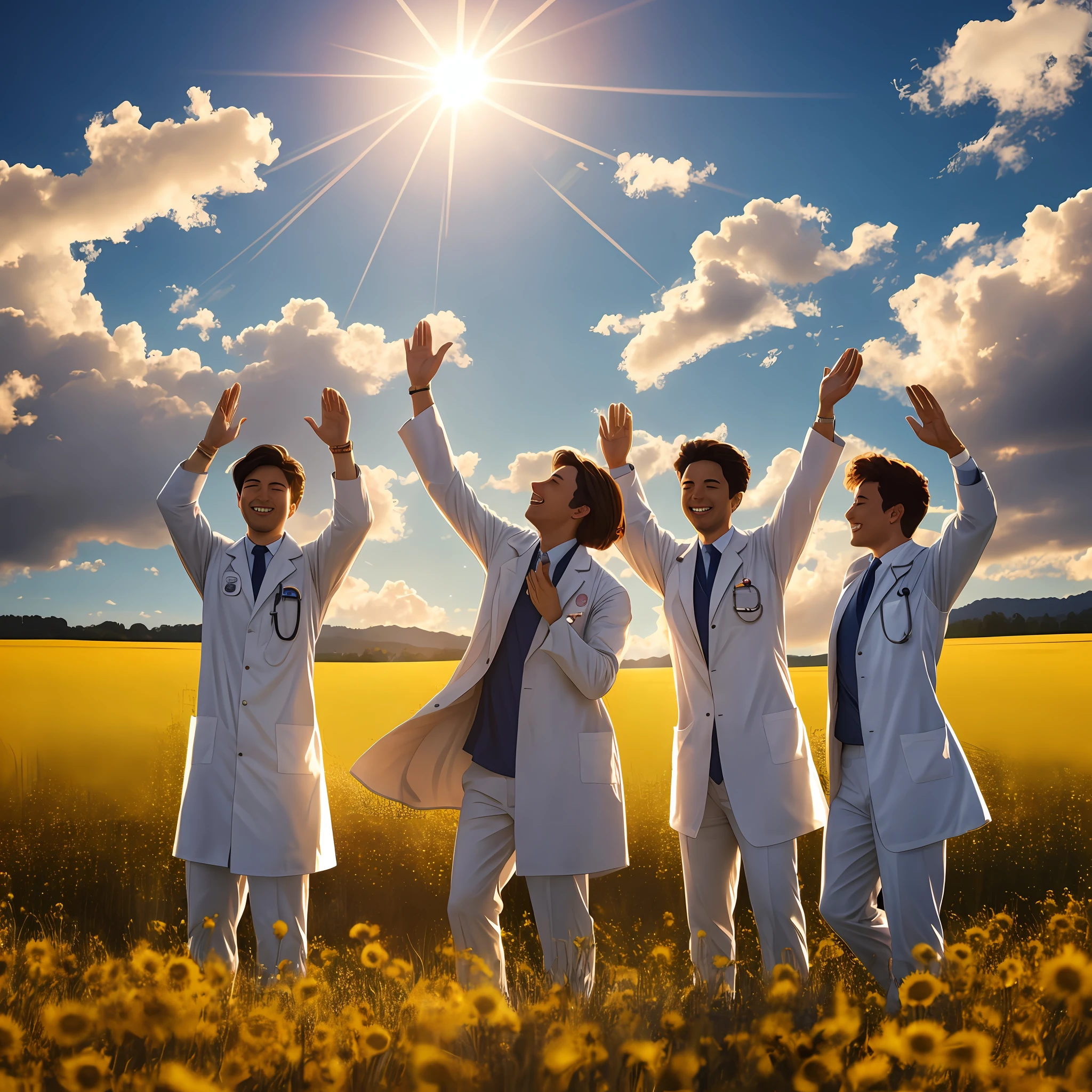 Several doctors in lab coats and very happy in a golden field, some of them hug, some of them are with their hands up, sun in the sky --auto --s2