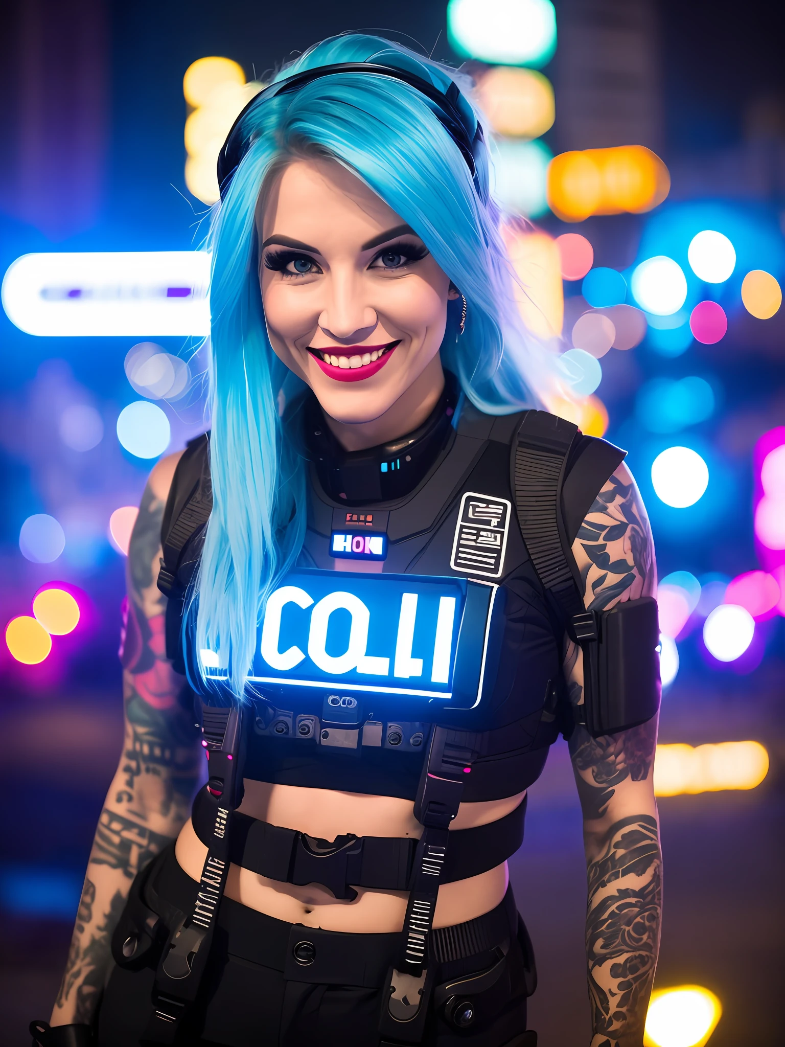 Pokket, shot on DSLR, 8K, detailed face, blue hair, 25-year-old woman, is in the center of a city at night, with neon lights in the background in the bustling city bokeh, Gopro camera, wearing black and white rock clothes, black tattoos, smiling