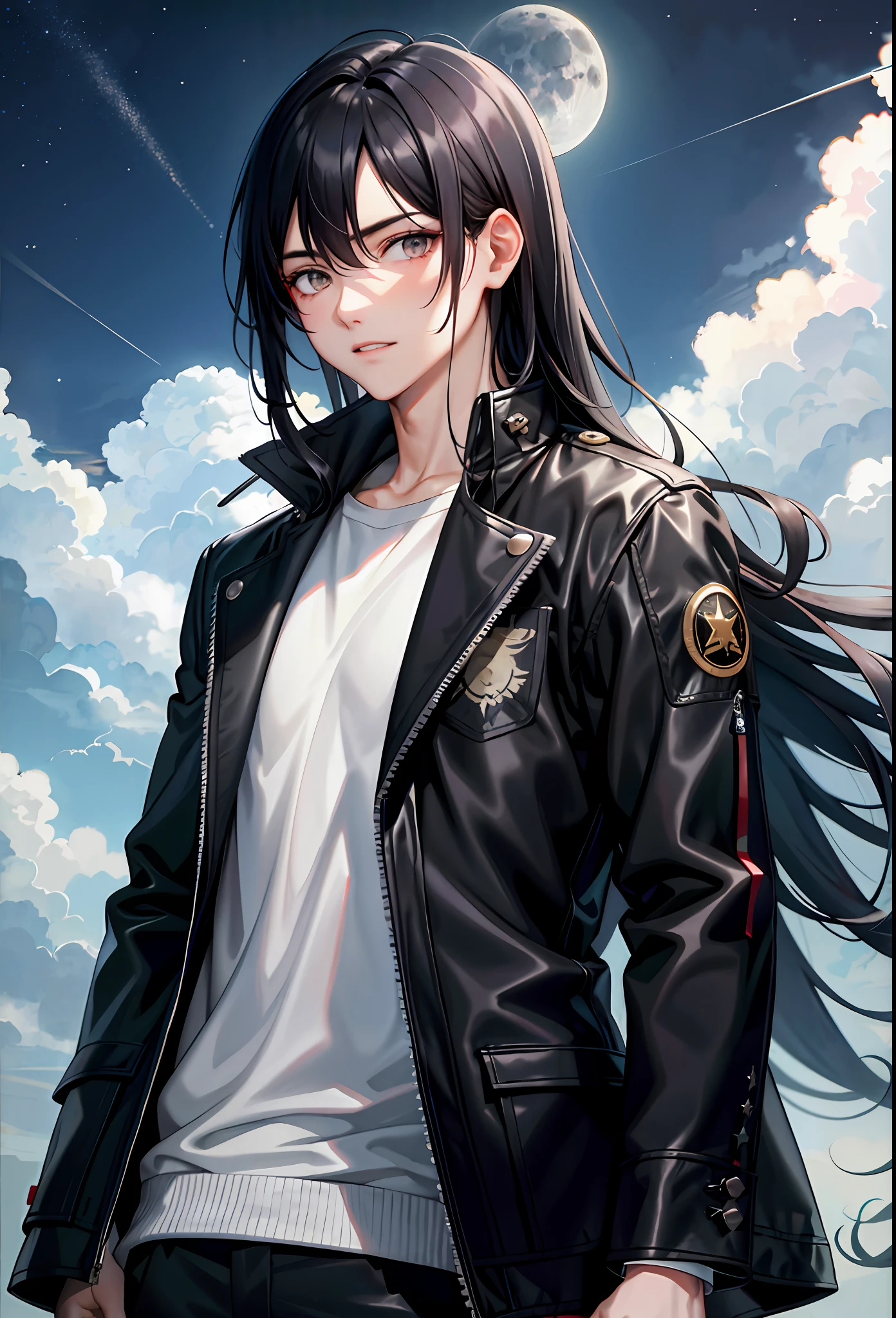 masterpiece, 1 guy, black hair, long hair, gray eyes, jacket, upper body, night, moon, stars,