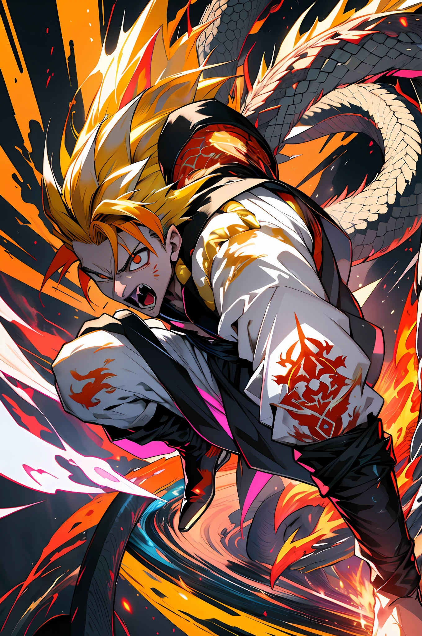 Supersayajin Ultra, diamond yellow colored hair and red eyes with black outlines painted around the eyes, white clothing with dragon tatoon print, open mouth screaming, fighting with great fury against enemy, scenery in heaven and earth destroying everything