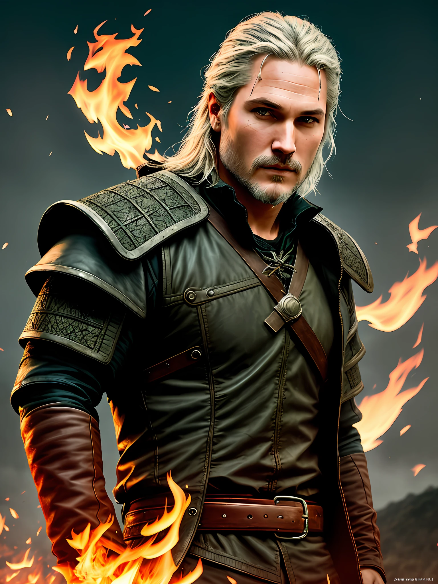 A portrait of actor Travis Fimmel as Geralt of Rivia at night, his face illuminated by the light of a full moon, he has a beard, he is standing, (masterpiece:1.1), best quality, ultra high detail, (by antoine blanchard and casey baugh:1.1), (by zdzislaw beksinski:0.8), extremely intricate, extreme detail, raytracing, reflections, beautiful lighting, (harsh lighting:1.1), (High Saturation Clarity Contrast, deep levels, sharp, retouched, color graded:1.1), soft lighting, cinematic, (heavy contrast:1.2),sharp focus,,burning,(breathing fire),(explosion)