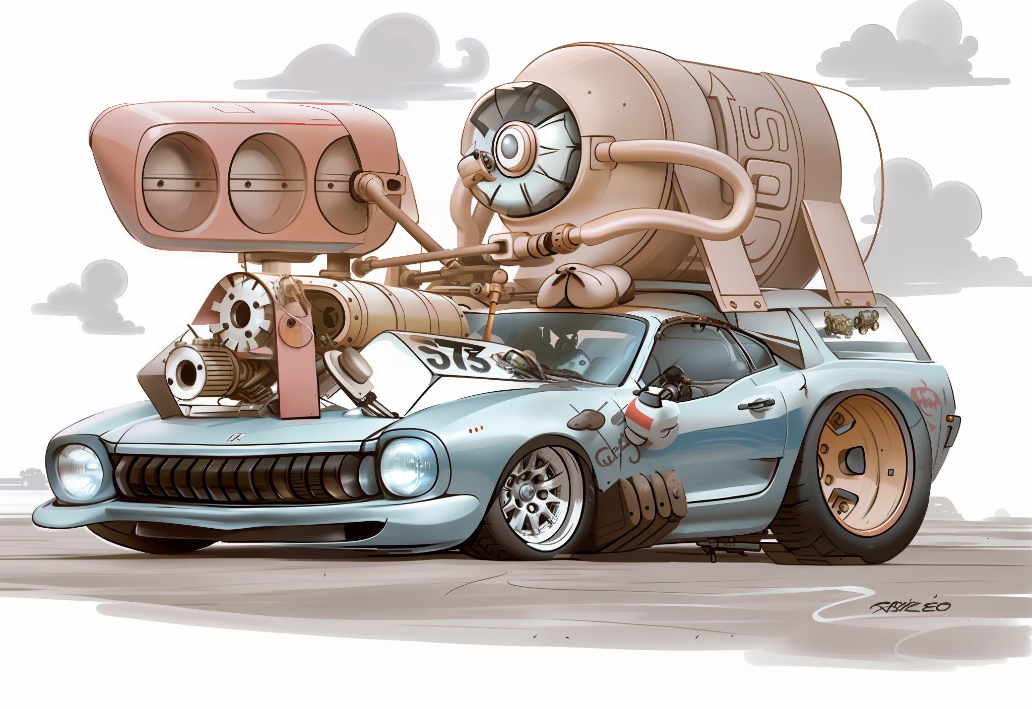 a realistic 3d drawing of a cartoon car with a robot and a robot on its back, inspired by Ed Roth, production art, concept car art, by Ed Roth, sticky tar. concept art, concept art, "concept art", epic pencil illustration, line art, Rat Fink style, Tony Art Highly detailed, Cartoon Highly detailed, Cartoon concept art, by Randy Gallegos, 32k