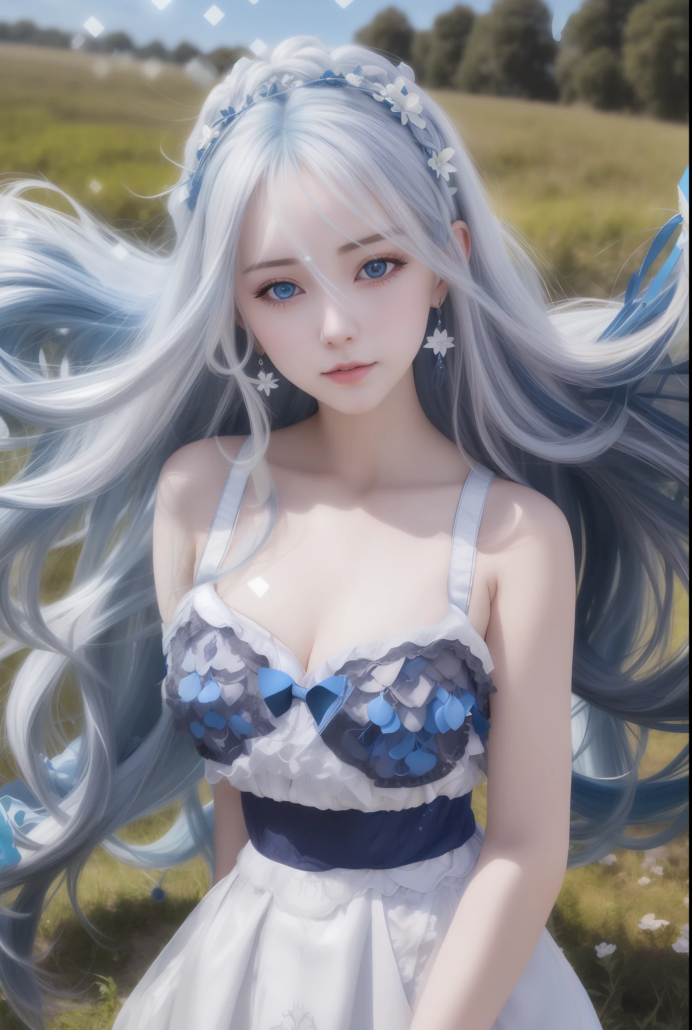 Alatez long hair and blue eyes posing in the field, Guvez style artwork, long white hair, Guvitz, long white hair, popular on CGSTATION, anime style. 8k, sky blue. Delicate hair, perfect white-haired girl, Guweiz on ArtStation Pixiv, flowing gray hair, big breasts