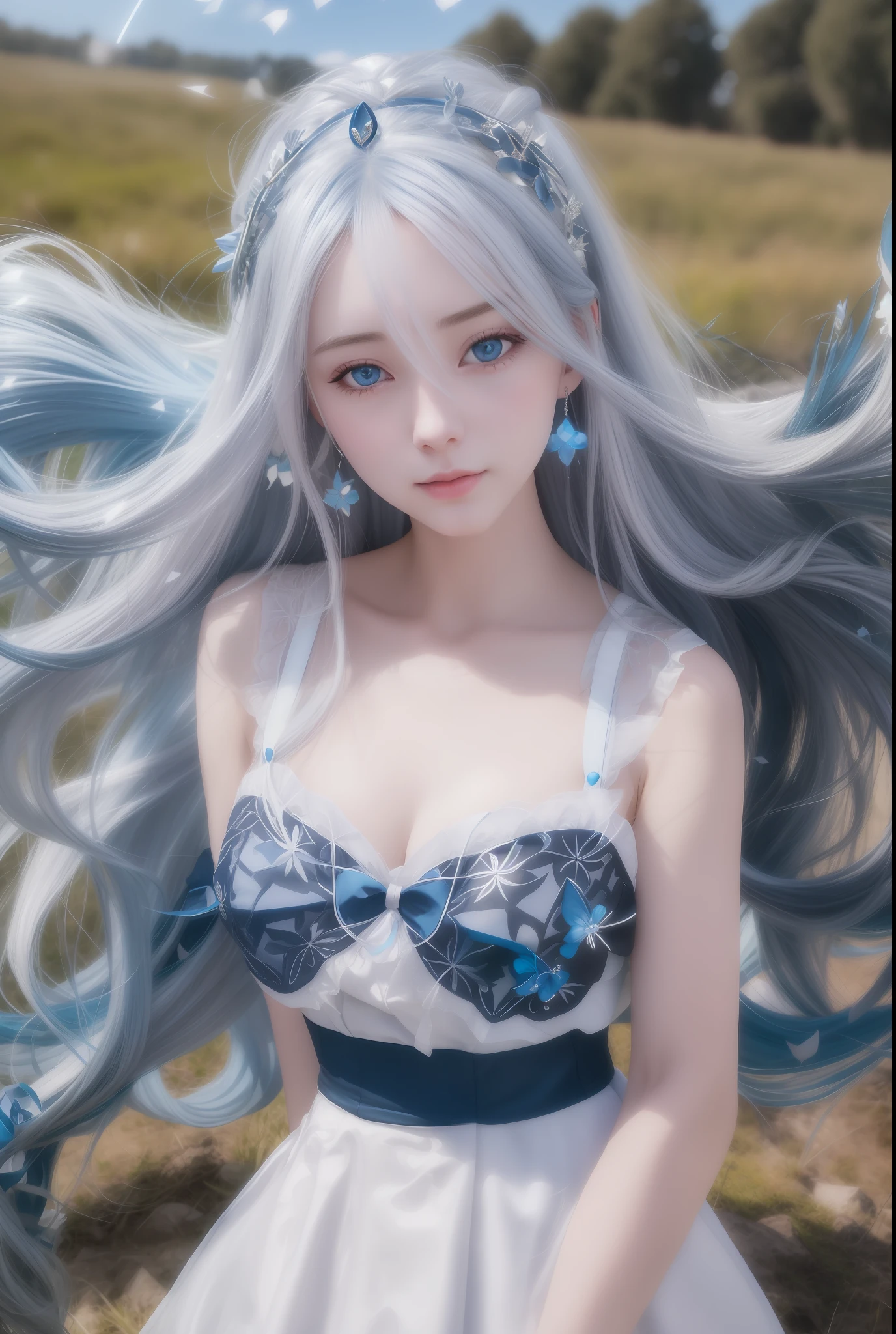 Alatez long hair and blue eyes posing in the field, Guvez style artwork, long white hair, Guvitz, long white hair, popular on CGSTATION, anime style. 8k, sky blue. Delicate hair, perfect white-haired girl, Guweiz on ArtStation Pixiv, flowing gray hair, ???????????