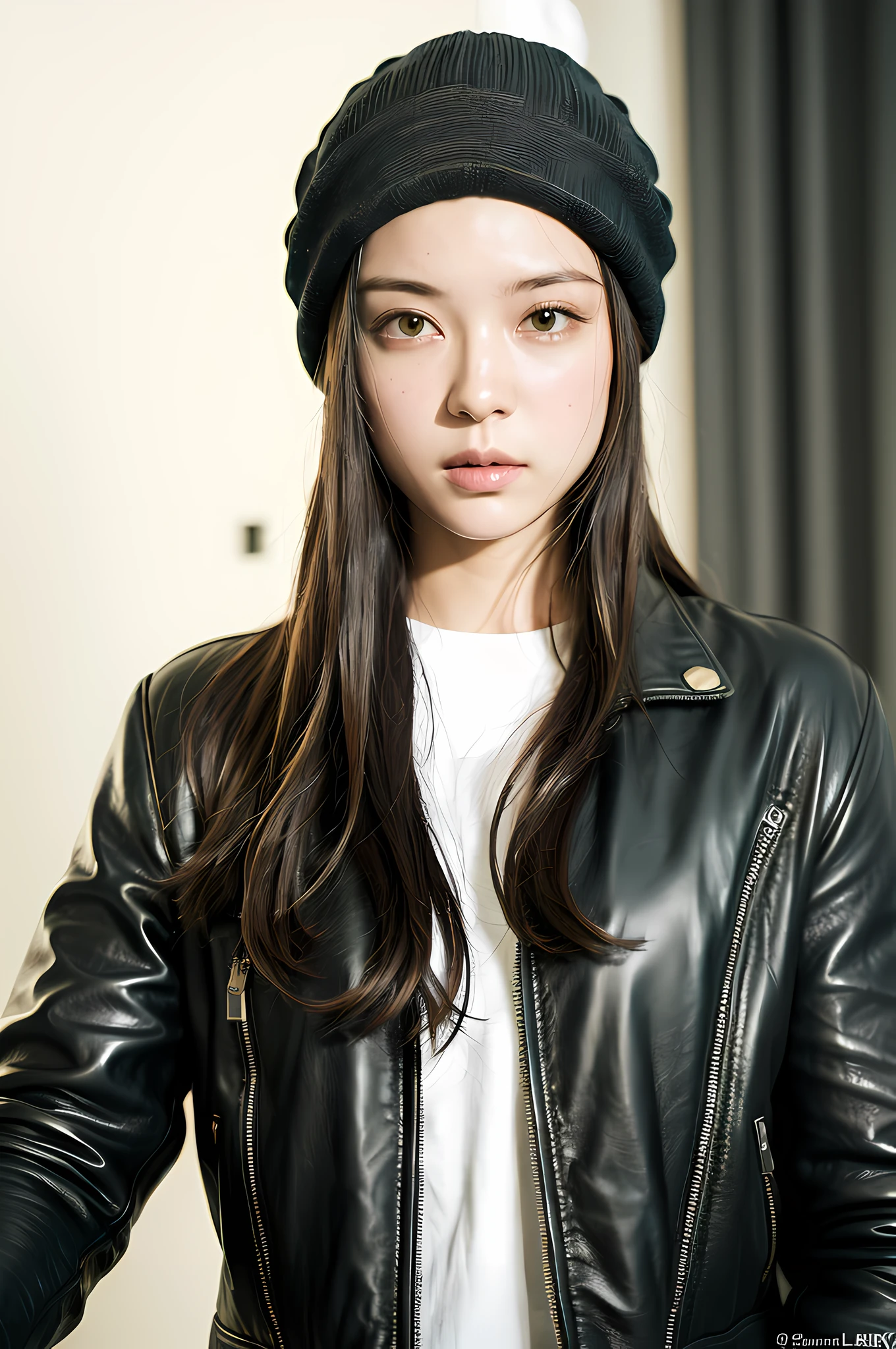 (
(8k:1.27), best quality, masterpiece, ultra highres:1.2) Photo of Pretty Japanese woman
(beautiful:1.1) (sci-fi warrior woman:1.1) space soldier, (beanie:1.61) (leather jacket:1.21) intricate elegant, fantasy, detailed, ometric by greg rutkowski and alphonse mucha, gradient lighting