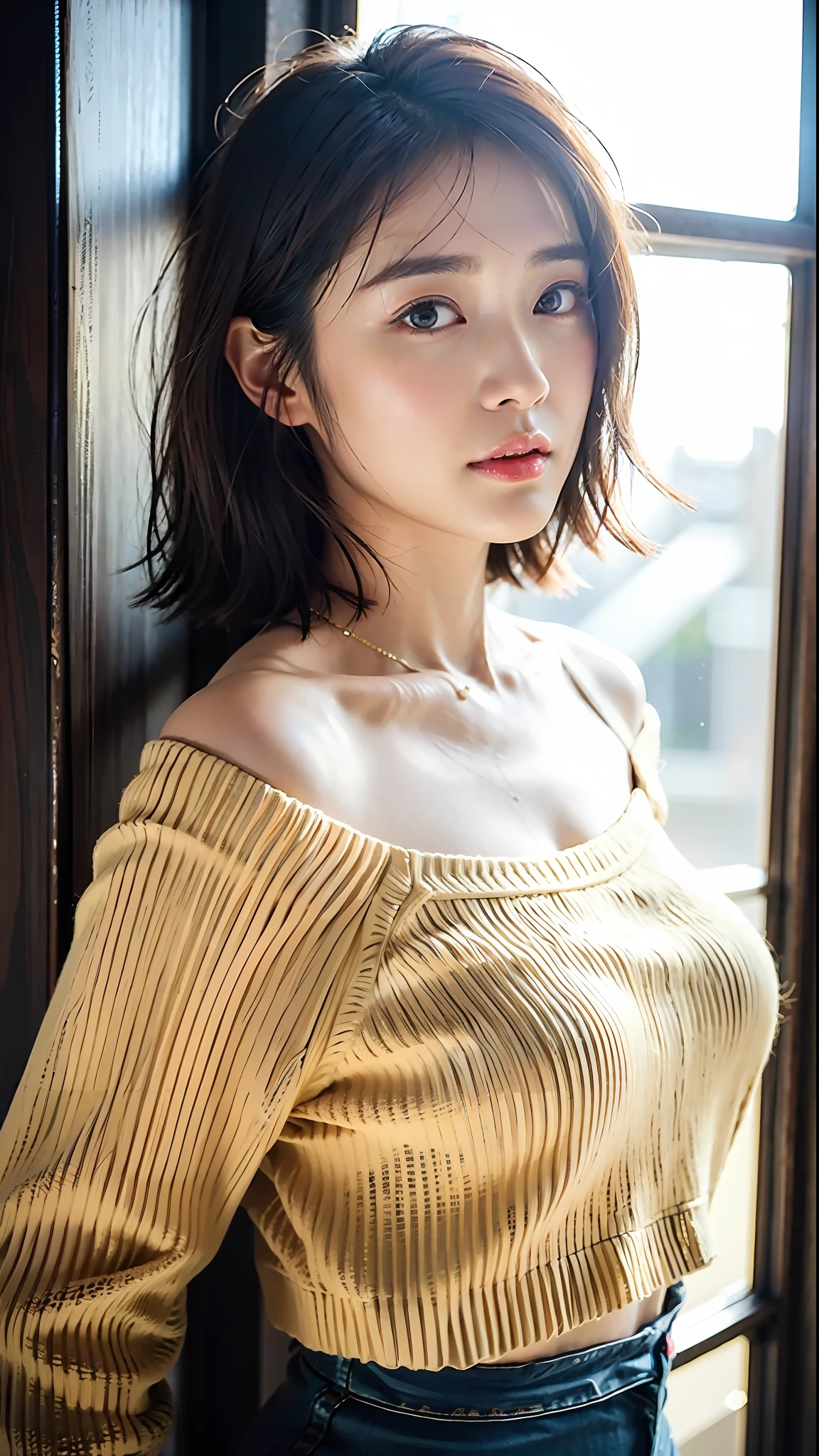 (Best Quality, 8k, 32k, Masterpiece, UHD: 1.2), Cute Japan Woman Picture, Big Breasts, Very Short Bob Hair, Upper Body, Face Focus, oversized_sweater, Necklace, Simple Background, From Above Look at the Viewer, Beige Off-Shoulder Knit, Openwork Knit, Big, Tousled Hair, Saiyang, Backlit, Xiyang Leaking Through Hair, Single, Tokyo Tower