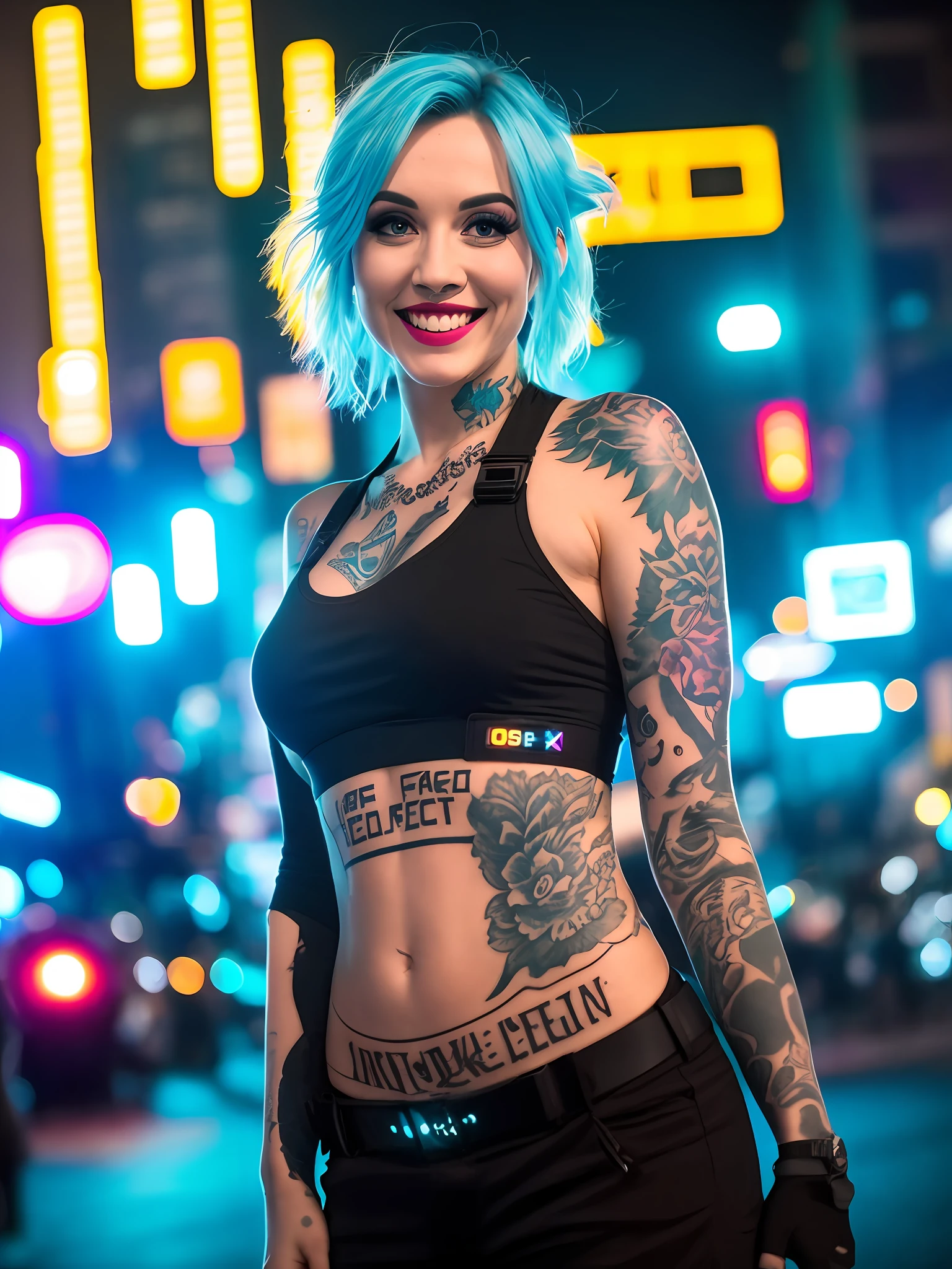 Pokket, shot on DSLR, 8K, detailed face, blue hair, 25-year-old woman, is in the center of a city at night, with neon lights in the background in the bustling city bokeh, Gopro camera, wearing black and white rock clothes, black tattoos, smiling