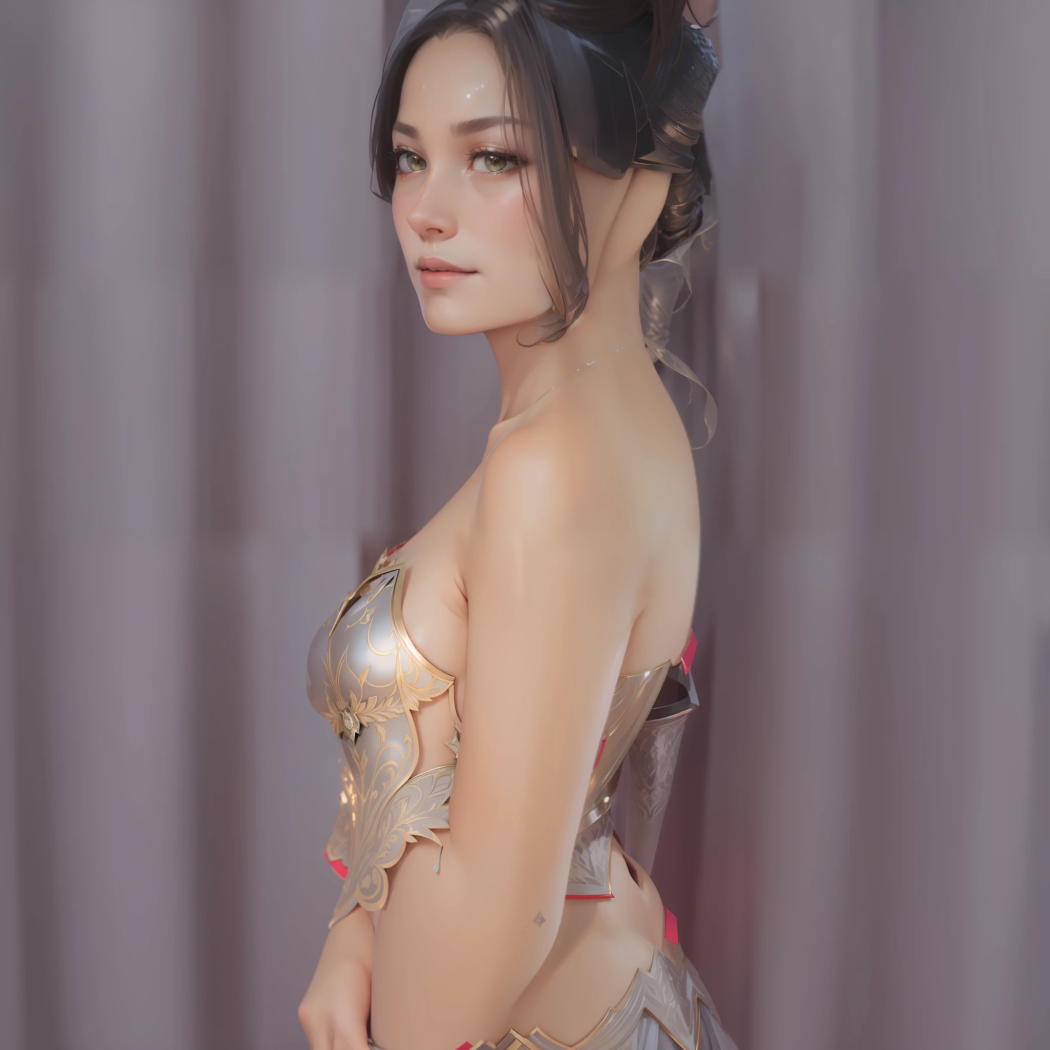 (luminous, metallic bikini armor, mesmerizing lace details, armored dress fit for royalty, delicate nude cover) --auto --s2