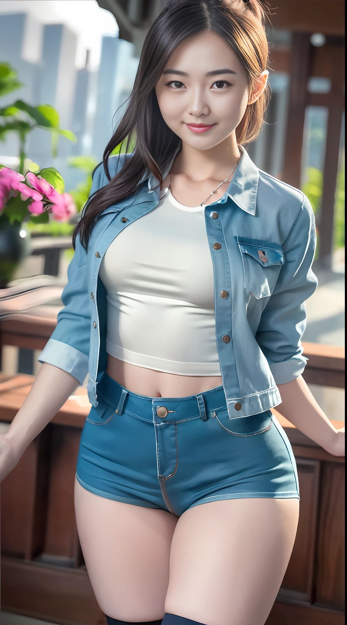 Smiling minchen, mouth closed, balanced eyes, (Best Quality Detail: 1.2), Realistic, 8K HD, Ultra-detailed, High Quality Texture, Intricate Detail, Detailed Texture, Fine Detail, High Detail, Very Detailed CG, Delicate Beautiful Delicate Face, (Delicate Beautiful Delicate Eyes: 1.32), Very Bright Lighting, Ray Tracing, (A Beautiful 25-Year-Old Cute Japanese Lady: 1), Proud, Tall Feminine, Beautiful Legs, Glowing Eyes, Blush, Very White Skin, Perfect Body Petite, Silver Tight Bra, [Brown Skirt]: 1, Stockings and suspenders: 1.2, long hair, short pink skirt, comfortable living room, sun, hands open, earrings, necklace, model, looking at the audience, standing pose, from the side, dynamic pose, front