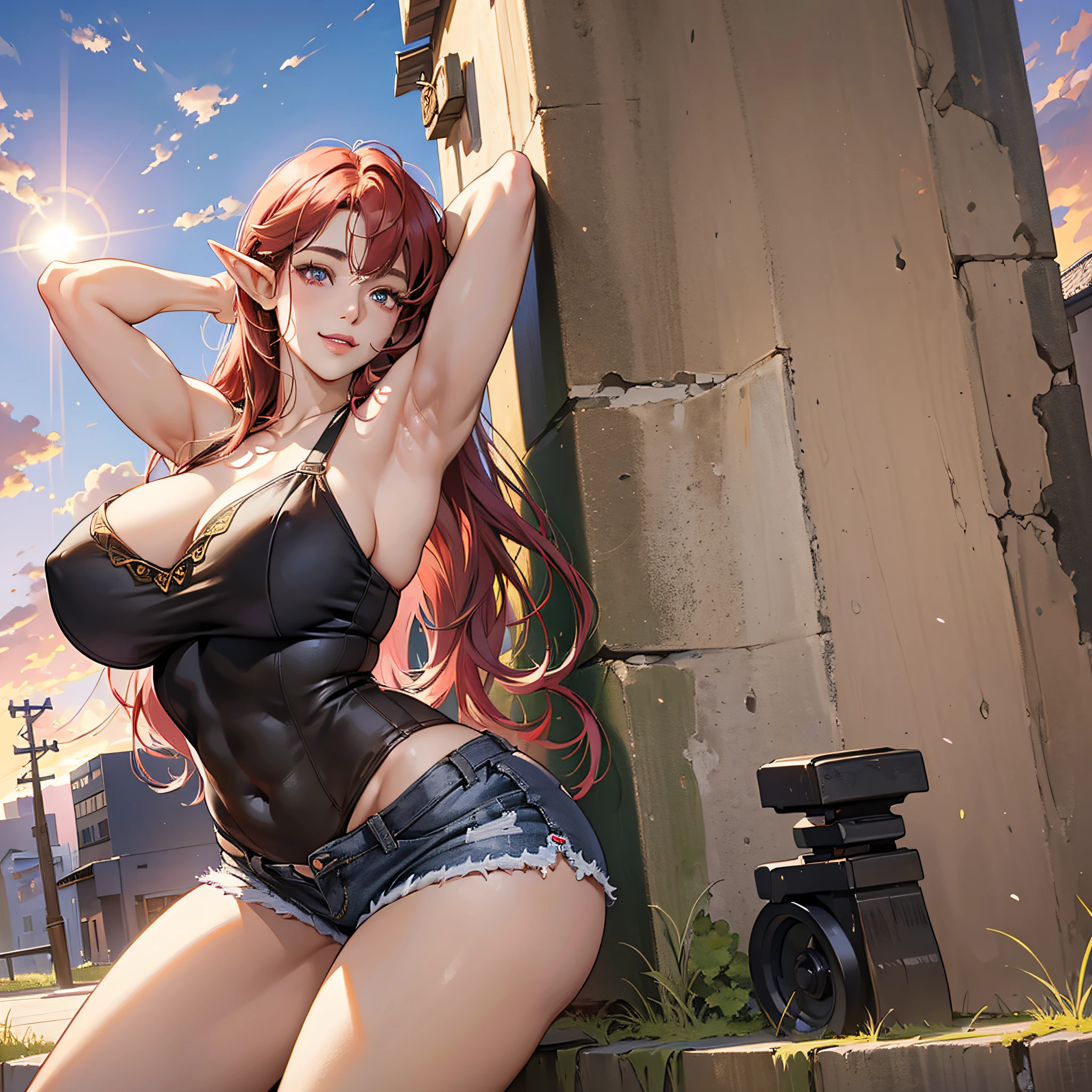 (Best quality, 4k, Masterpiece :1.3), beautiful woman, hyper realistic, 1girl, (droopy breasts, attractive body :1.2), sit-ups :1.1, long straight light red hair with bangs :1.1, ultra-detailed face, detailed lips, detailed eyes, double eyelid, short silver bra, open neckline, hanging breasts, side pose, visible curves, in the middle of the street, black short jean shorts, muscular turned leg, Big breasts, pink eyes, golden high heels, open sky with sun, smiling, Japanese, big ass, standing on her back looking back, show more ass, freckle on ass, beautiful elf --auto --s2