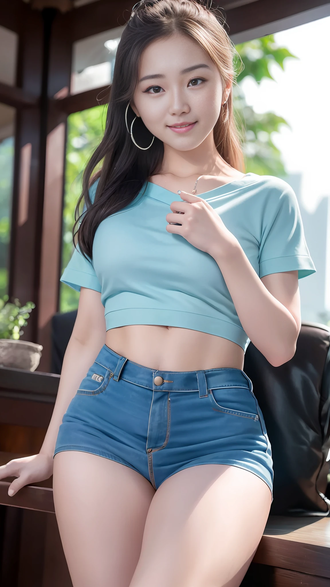 Smiling minchen, mouth closed, balanced eyes, (Best Quality Detail: 1.2), Realistic, 8K HD, Ultra-detailed, High Quality Texture, Intricate Detail, Detailed Texture, Fine Detail, High Detail, Very Detailed CG, Delicate Beautiful Delicate Face, (Delicate Beautiful Delicate Eyes: 1.32), Very Bright Lighting, Ray Tracing, (A Beautiful 25-Year-Old Cute Japanese Lady: 1), Proud, Tall Feminine, Beautiful Legs, Glowing Eyes, Blush, Very White Skin, Perfect Body Petite, Silver Tight Bra, [Brown Skirt]: 1, Stockings and suspenders: 1.2, long hair, short pink skirt, comfortable living room, sun, hands open, earrings, necklace, model, looking at the audience, standing pose, from the side, dynamic pose, front