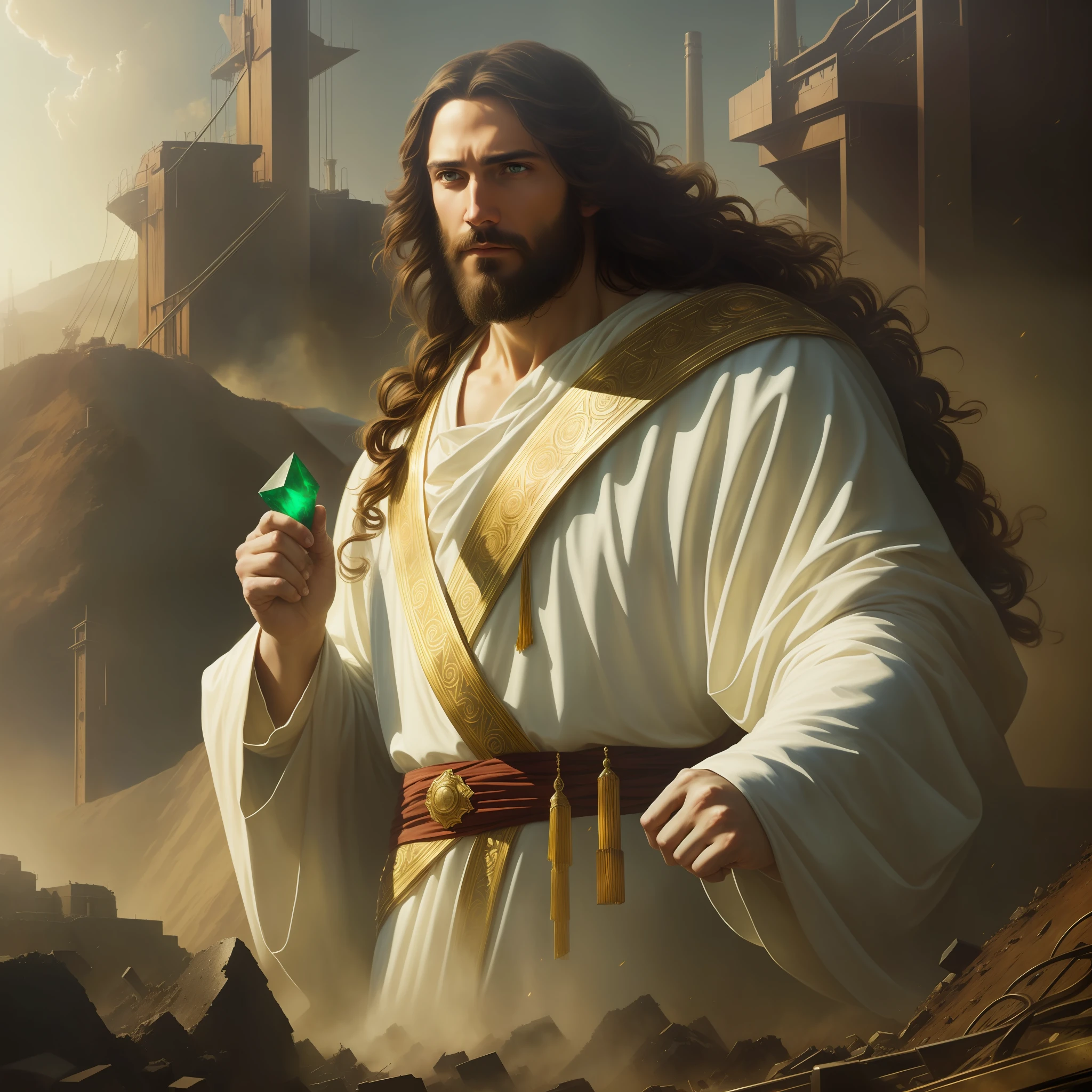 (Jesus Christ holding a large emerald), dressed in white robe, medium hair and medium brown beard, cheerful, ((("mining site"))), masterpiece, best quality, high quality, 8k wallpaper, award-winning photography, HDR, bloom, chromatic aberration, photorealistic, extremely detailed, intricate, high detail, dramatic, art in the middle of the journey, volumetric lighting, art by Artgerm and Ruan Jia and Greg Rutkowski Surreal Painting (masterpiece,  Side lighting, beautiful finely detailed eyes: 1.2), HDR, 8K, God Ray