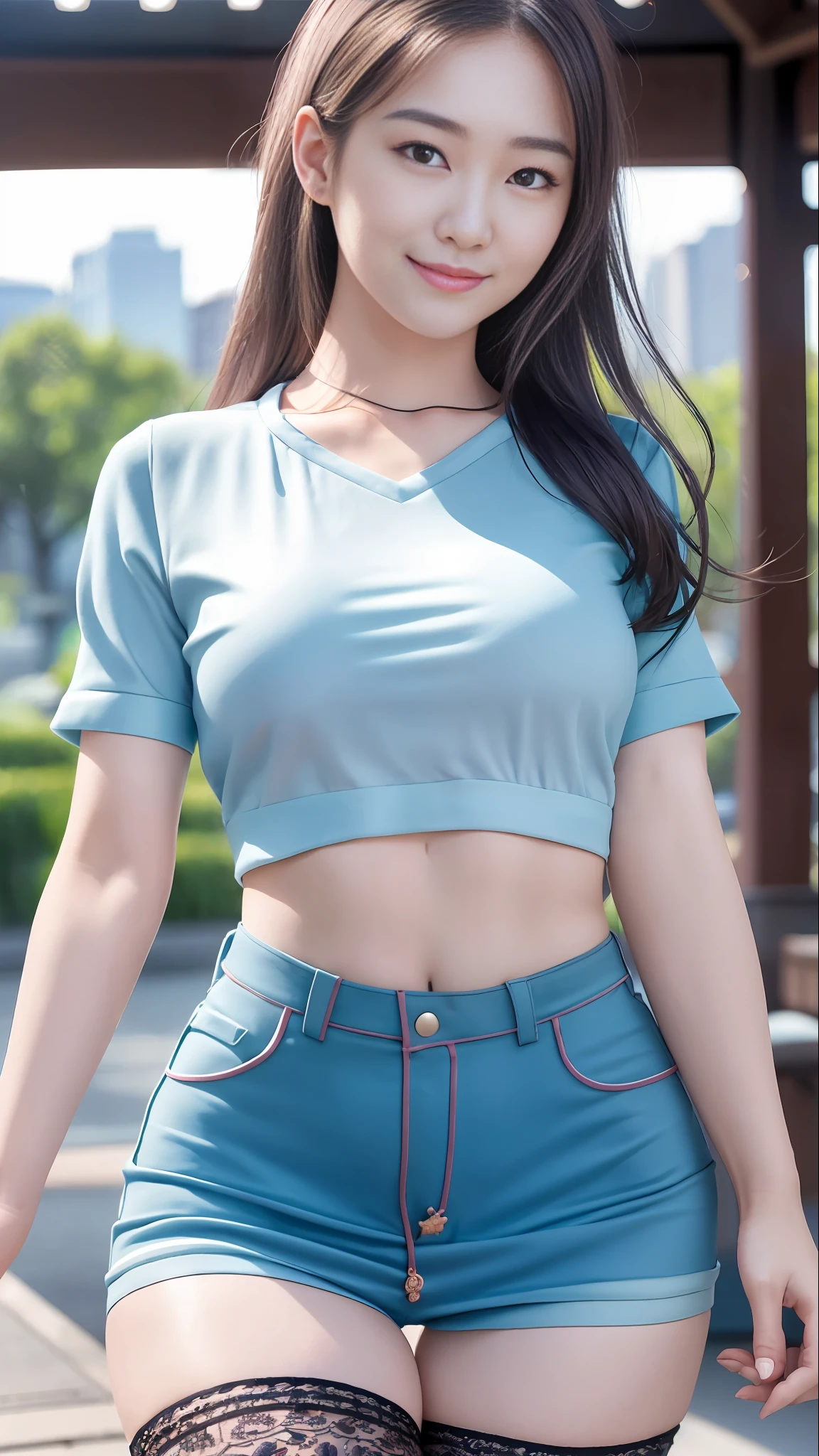 Smiling minchen, mouth closed, balanced eyes, (Best Quality Detail: 1.2), Realistic, 8K HD, Ultra-detailed, High Quality Texture, Intricate Detail, Detailed Texture, Fine Detail, High Detail, Very Detailed CG, Delicate Beautiful Delicate Face, (Delicate Beautiful Delicate Eyes: 1.32), Very Bright Lighting, Ray Tracing, (A Beautiful 25-Year-Old Cute Japanese Lady: 1), Proud, Tall Feminine, Beautiful Legs, Glowing Eyes, Blush, Very White Skin, Perfect Body Petite, Silver Tight Bra, [Brown Skirt]: 1, Stockings and suspenders: 1.2, long hair, short pink skirt, comfortable living room, sun, hands open, earrings, necklace, model, looking at the audience, standing pose, from the side, dynamic pose, front