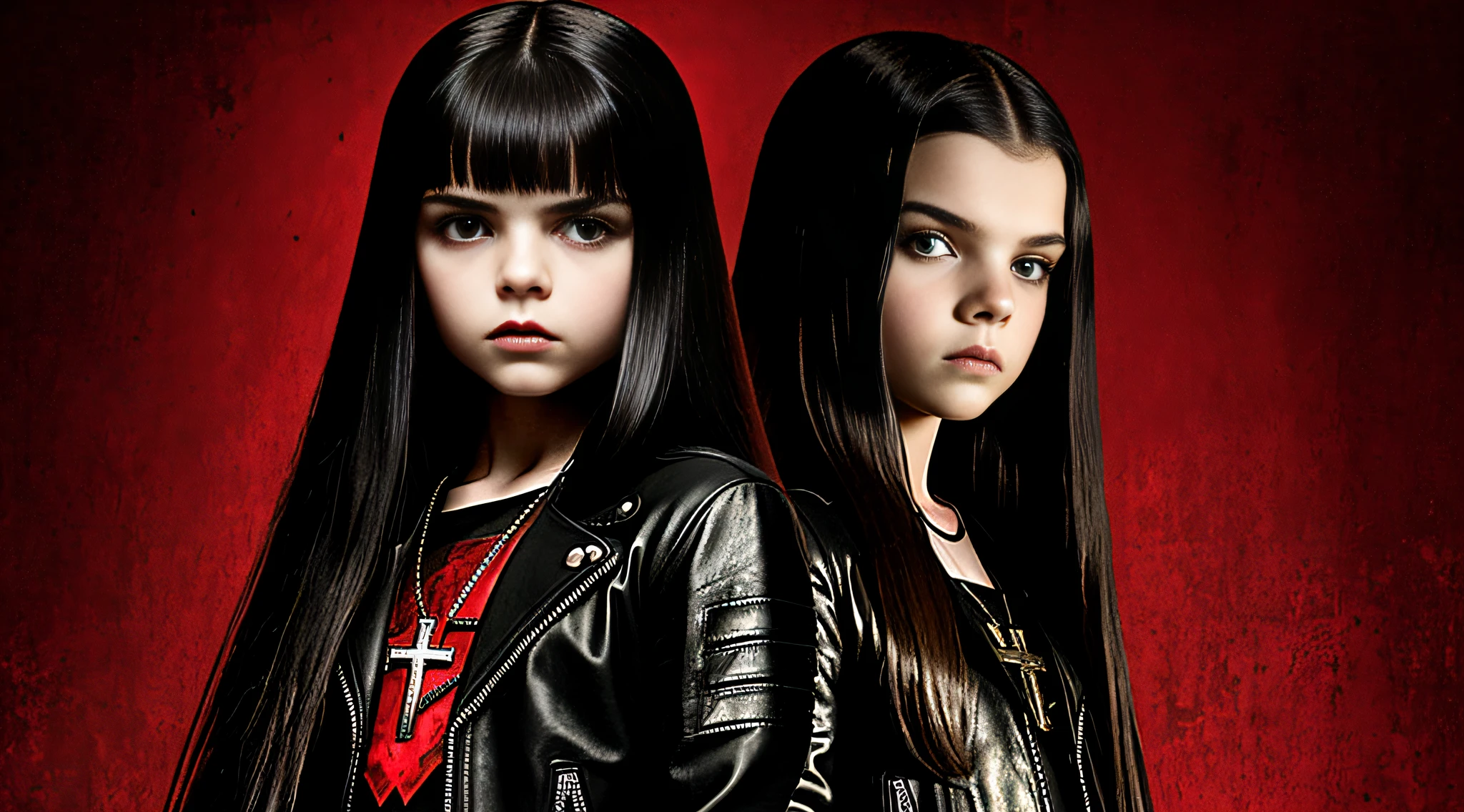 A 10-year-old Russian child girl, WITH LONG DARK STRAIGHT HAIR, PORTRAIT STYLE, in black leather jacket holding two CROSSES in front of a red background, Vampire Queen, , In metal hurlant, Anya Taylor Joy, Metal hurlant.