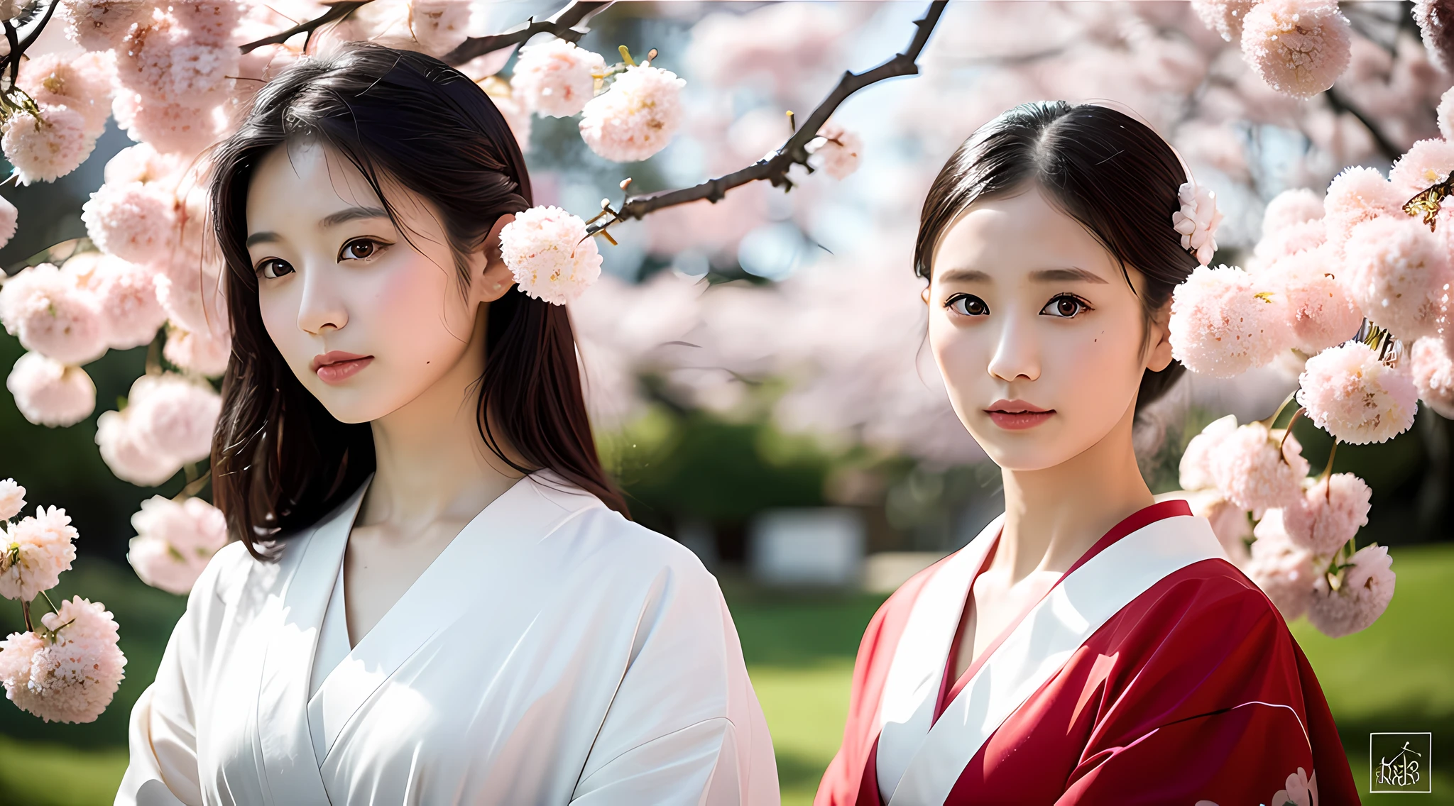 ((Masterpiece)), best quality, ultra detailed, a beautiful and delicate (Japanese woman), black hair, almond eyes, porcelain skin, cherry blossom in the hair, kimono, soft lighting, traditional Japanese ambience, soft depth of field.