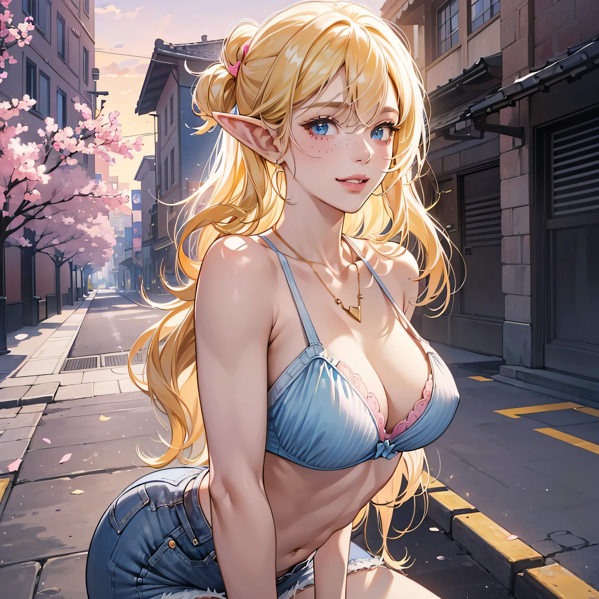 (Best quality, 4k, Masterpiece :1.3), beautiful woman, hyper realistic, 1girl, (droopy breasts, attractive body :1.2), sit-ups :1.1, long straight light yellow hair with bangs :1.1, ultra-detailed face, detailed lips, detailed eyes, double eyelid, short pink bra, open neckline, hanging breasts, side pose, visible curves, in the middle of the street, light blue short jean shorts, muscular turned leg,  Big breasts, blue eyes, pink high heels, open sky with sun, smiling, Japanese, big ass, standing on his back looking back, show more ass, freckle on face, freckle on ass, beautiful elf, pink lips, golden necklace with pink heart --auto --s2