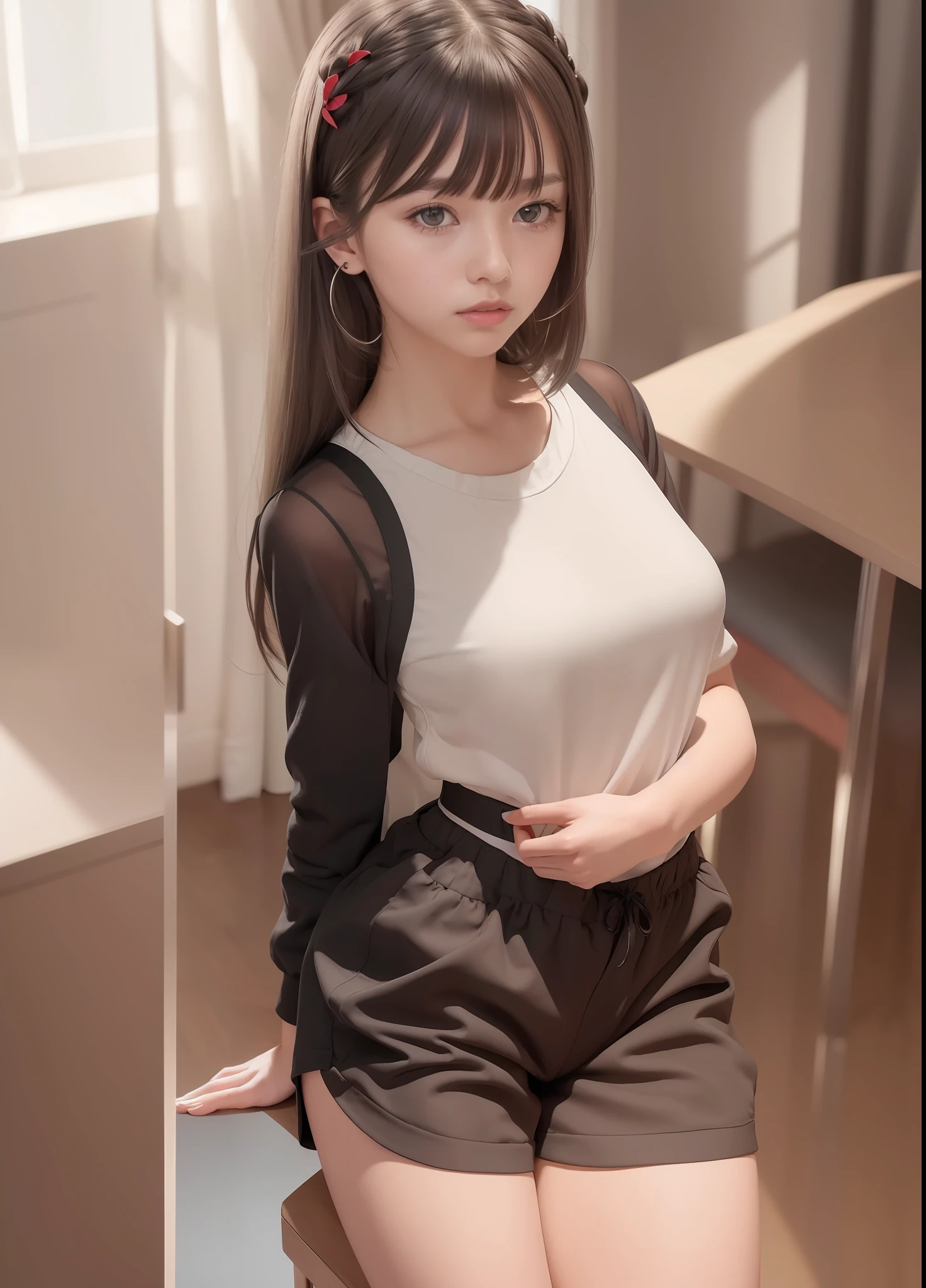 (Masterpiece, Best Quality, Highres:1.2), Detailed, Intricate Details, 4K, 1Girl, (Solo:1.2), young, standing, arms behind back, silver hair, long hair, messy hair, floating hair, (blunt bangs:1.2), (hairclips:1.2), yellow eyes, looking away, black shorts, red undershirt, sleeveless, thick thighs, indoors, sitting on bed
